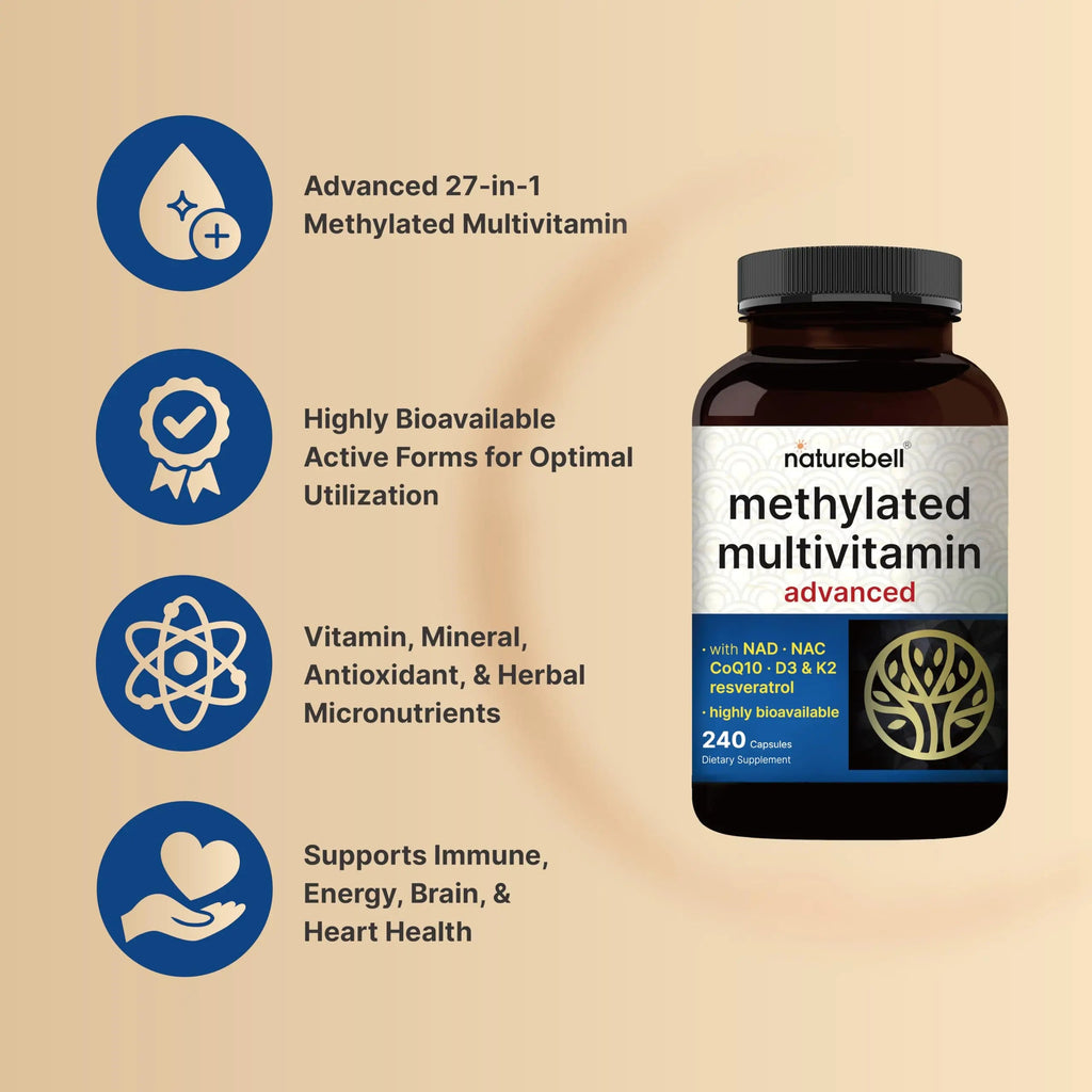 Methylated Multivitamin, 240 Capsules | Highly Bioavailable – 27 Advanced Nutrients – Vitamins A, C, D3, K2 + B Complex with Methylfolate, Methylcobalamin NatureBell Au supplements