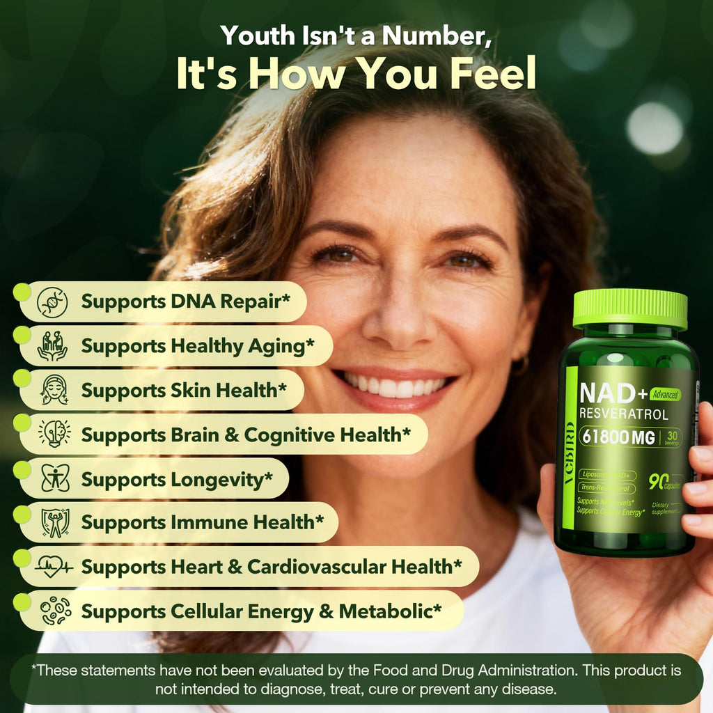Nad Resveratrol Supplement 61800mg Per Bottle – Liposomal Nad+ Resveratrol for Women & Men – High Purity 1200mg Nad+ Supplement for Energy & Healthy Aging, Resveratrol, Quercetin, CoQ10 – 90 Counts VCBIRD Au supplements