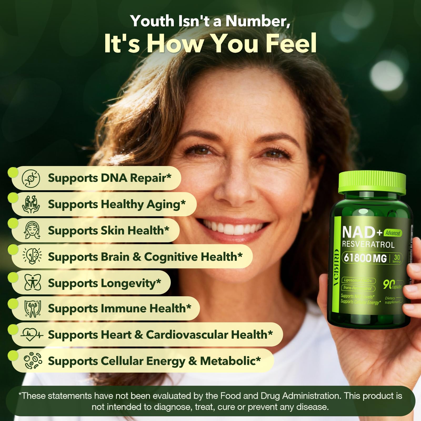 Nad Resveratrol Supplement 61800mg Per Bottle – Liposomal Nad+ Resveratrol for Women & Men – High Purity 1200mg Nad+ Supplement for Energy & Healthy Aging, Resveratrol, Quercetin, CoQ10 – 90 Counts VCBIRD Au supplements