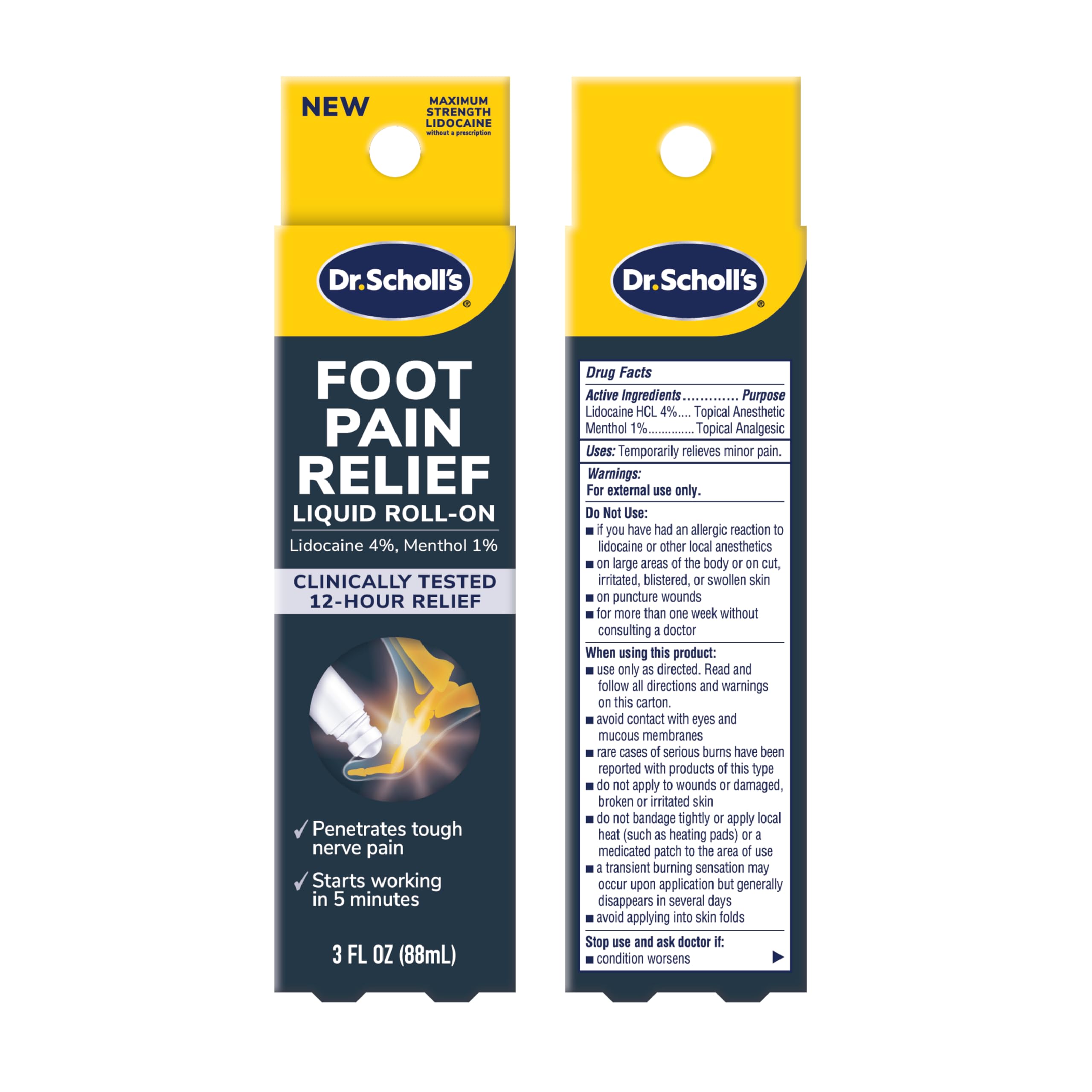 Dr. Scholl's Foot Pain Relief Liquid ROLL-ON, 3.0 oz // Clinically Tested 12-Hour Pain Relief - Penetrates Tough Nerve Pain - Works in 5 Minutes - Non-Greasy - with Lidocaine & Menthol Dr. Scholl's Au supplements