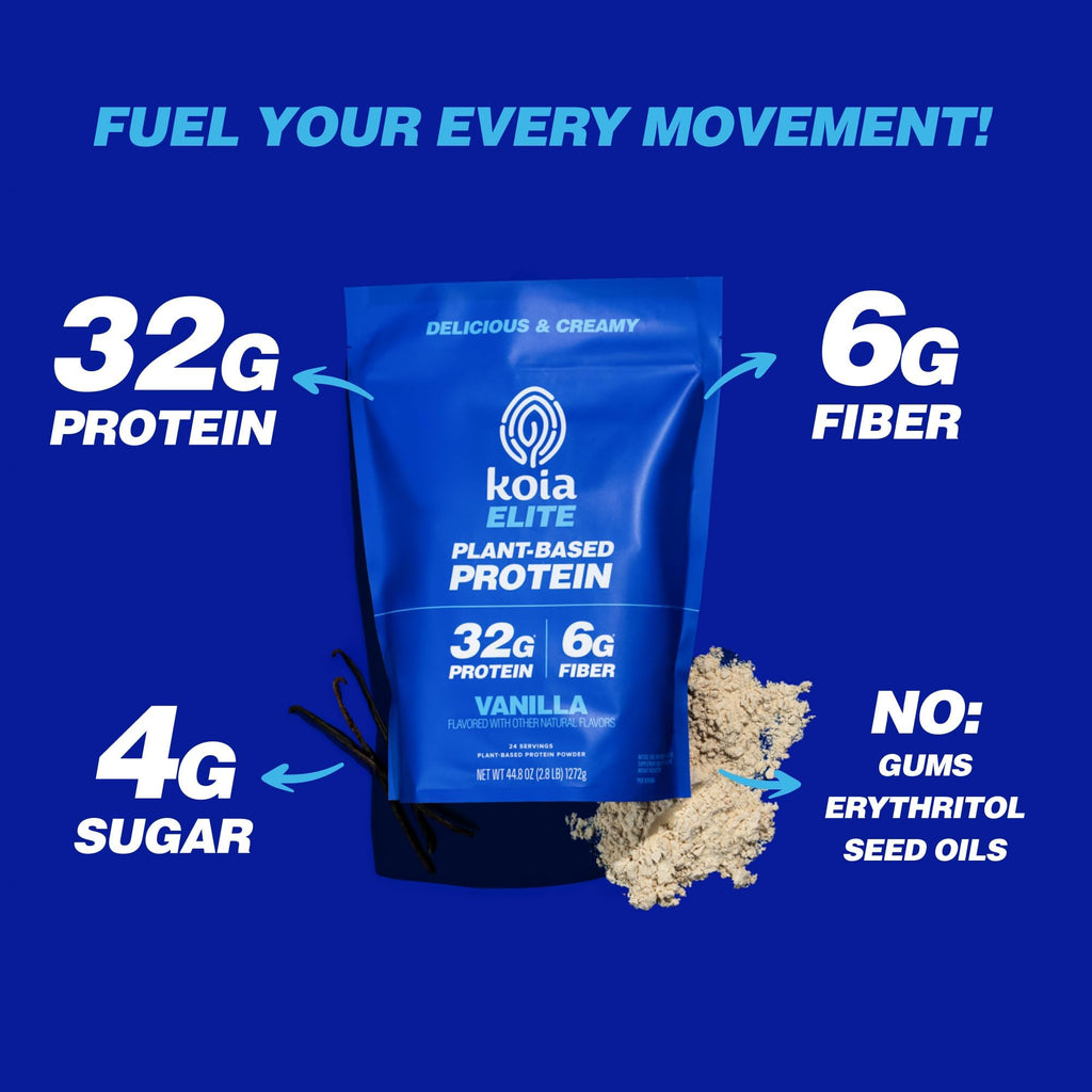 Koia Plant Based Protein Elite Powder, Vanilla, 32g Protein, 4g Sugar, 6g Prebiotic Fiber, Pre & Post Workout, 21 Vitamins & Minerals, Dairy-Free, Gluten-Free, Non-GMO, 24 Servings, 44.8 Oz