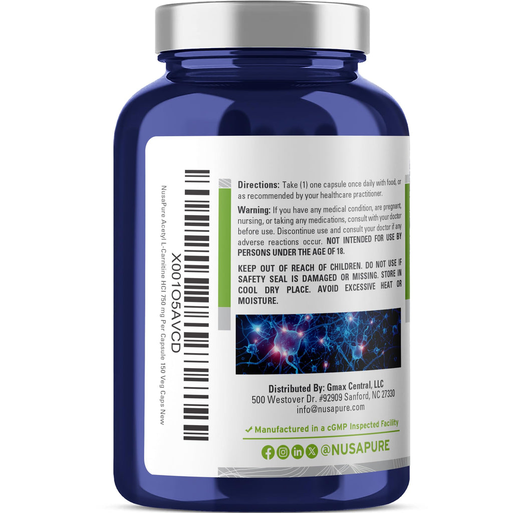 NusaPure Acetyl L-Carnitine 750mg per Caps 150 Veggie Capsules (Non-GMO, Vegan) High Potency Acetyl L Carnitine HCL (ALCAR) NusaPure Au supplements