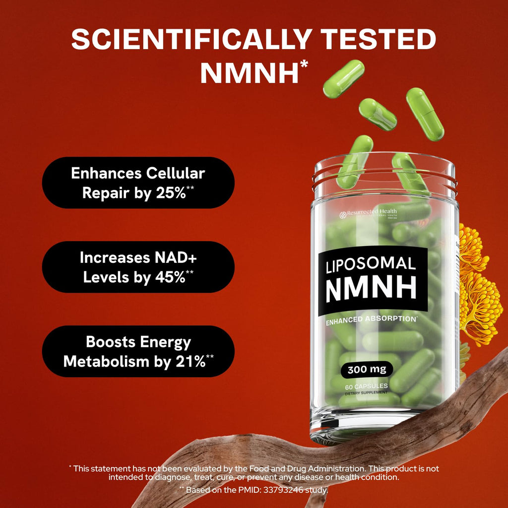 Resurrected Health Liposomal NMNH Supplement 300mg – Boosts NAD Anti-Aging, Energy & Focus – NMM Capsules Alternative to for Cellular Vitality – Third-Party Tested, 60 Vegan Capsules | 1 Pack Resurrected Health Au supplements