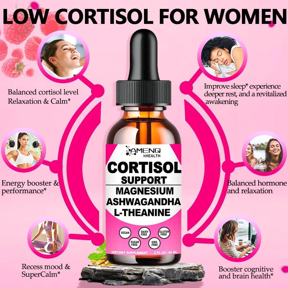 Cortisol Supplement Liquid Drops, 17-in-1 Cortisol Reducer w. Ksm-66 Ashwagandha Theanine Rhodiola Rosea Magnesium Phosphatidylserine, Hormone Balanced & Lower Cortisol for Women Calm* Relaxation AMENQ hHEALTH Au supplements