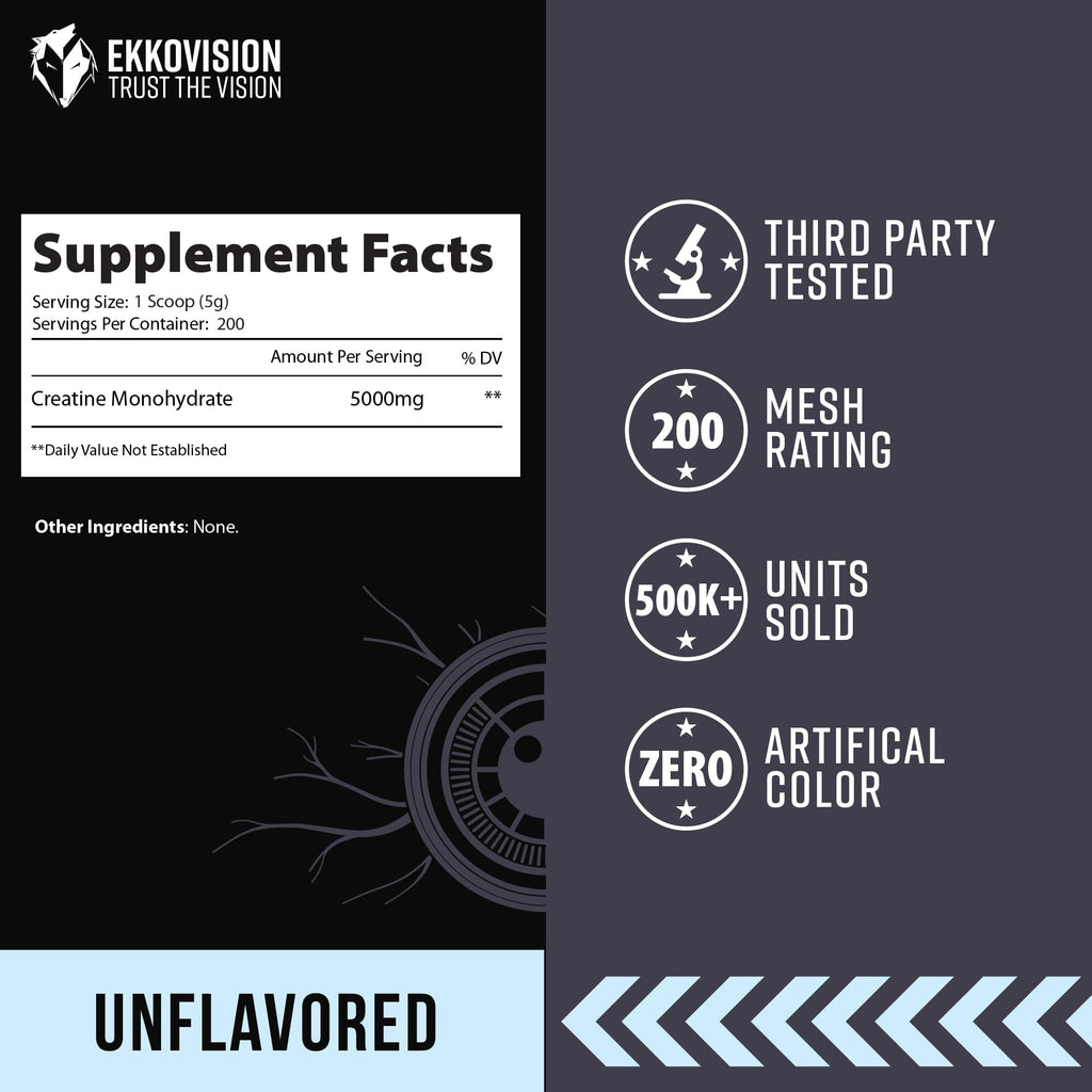 Ekkovision Creatine Monohydrate Powder, Micronized, Unflavored, Pre Workout & Post Workout Supplement for Men and Women, Energy Support, Easy to Mix in Shakes