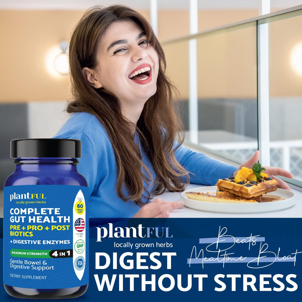4-in-1 Pre Post Probiotics & Digestive Enzymes - Complete Gut Health & Digestive Support for Women & Men - Prebiotic Probiotic & Postbiotic Gas & Bloating Relief – 60 Non GMO Capsules PLANTFUL RESEARCH Au supplements