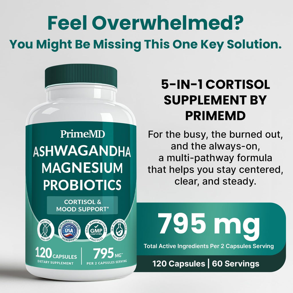 5-in-1 Cortisol Supplement for Women and Men with Ashwagandha for Calmness, Focus, and Adrenal Support Supplements with Shilajit Extract, Magnesium Glycinate, Probiotics (120 ct) (Pack of 1) PrimeMD Au supplements