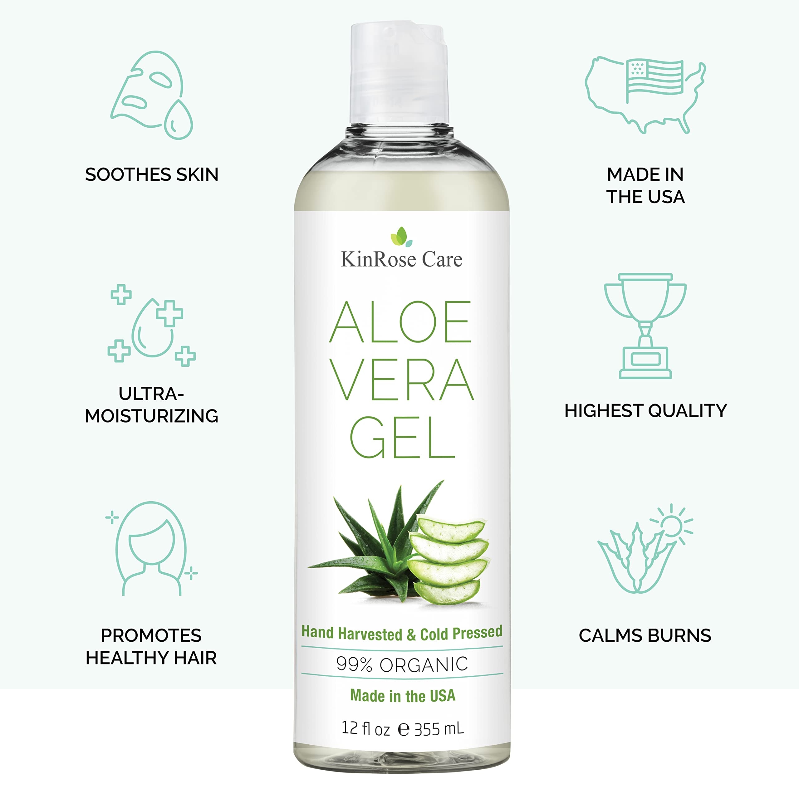 KinRose Care, 12oz Organic Aloe Vera Gel for Face, Skin, Hair & Sunburn Relief - From 100 Percent Pure Aloe Vera