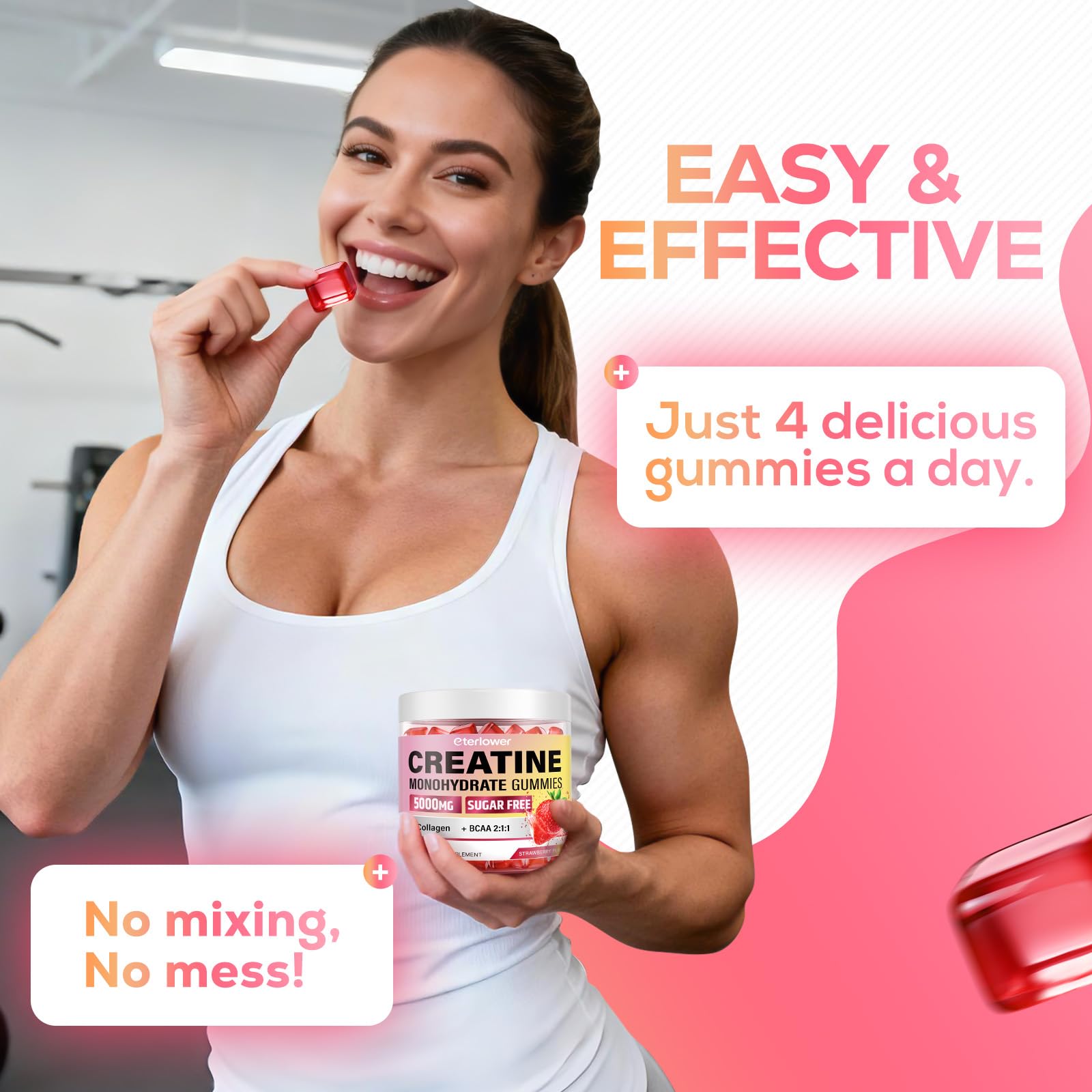 eterlower Creatine Monohydrate Gummies, 5g Creatine Gummies for Women & Men.Pre-Workout & Muscle Growth Support,