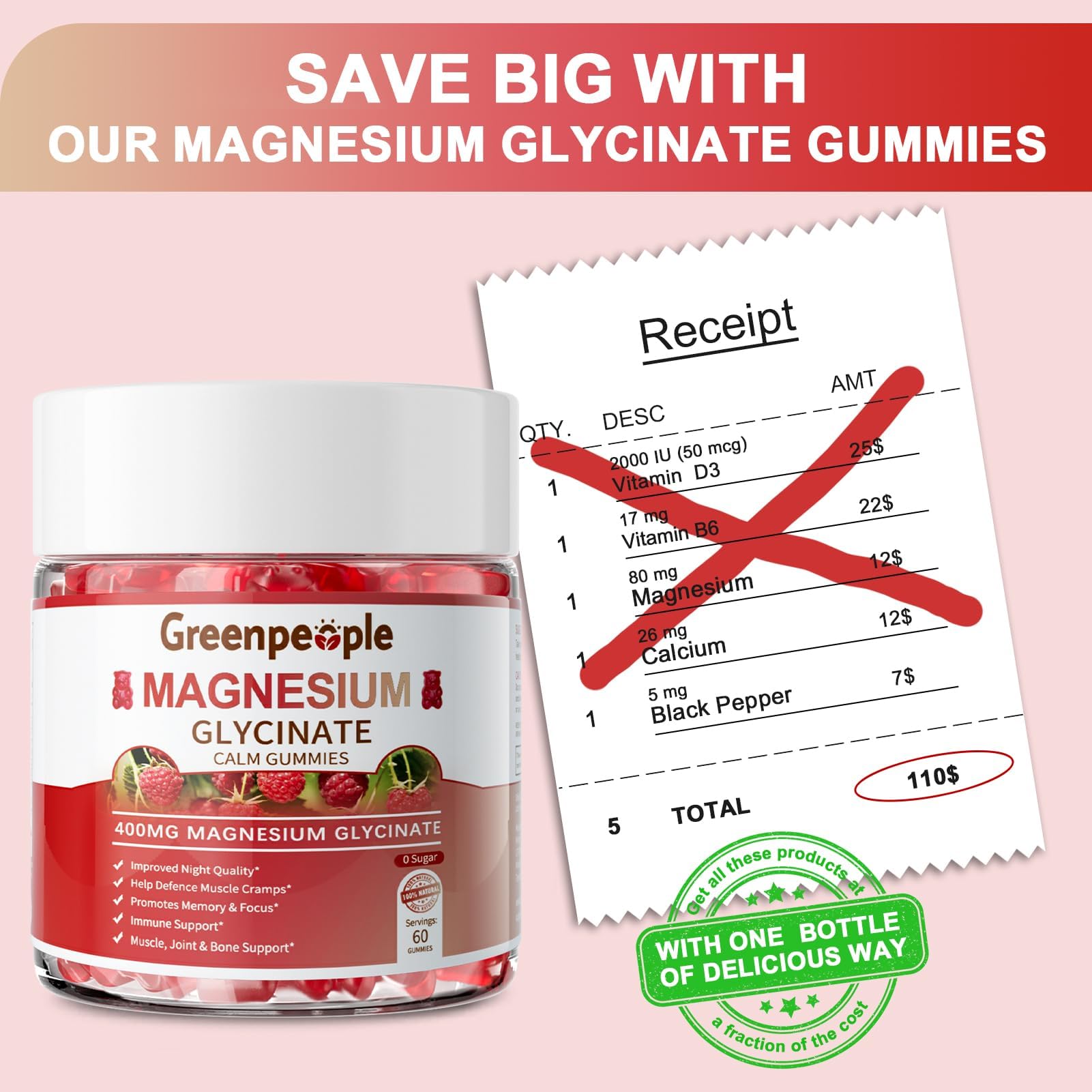 GREENPEOPLE Magnesium Glycinate Gummies 400mg - Sugar Free Magnesium Supplement with Magnesio Citrate, Vitamin D, and B6 for Calm Support & Sleep for Adults