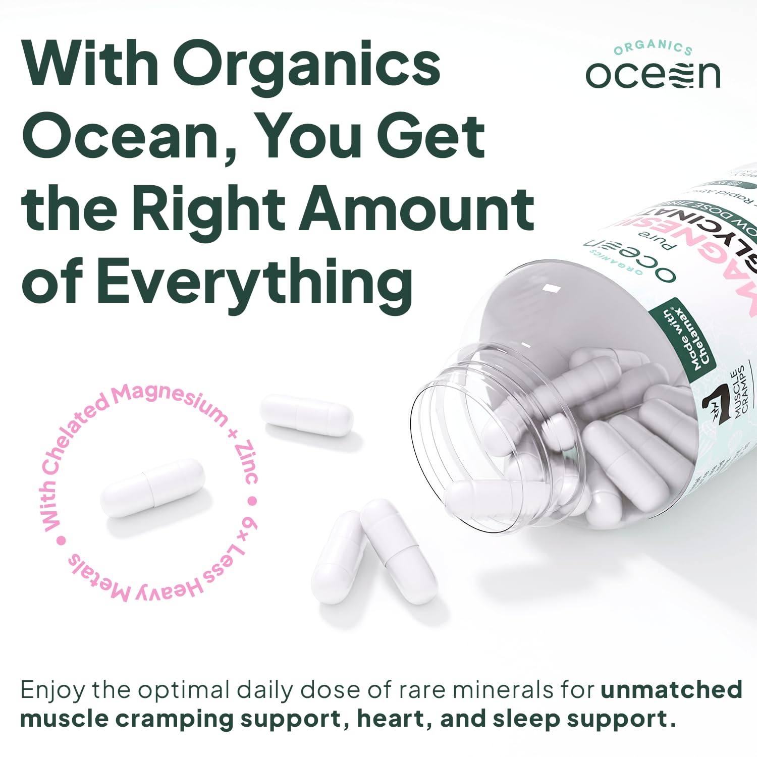 Organics Ocean Pure Magnesium Glycinate with Zinc - Maximum Strength Chelated Magnesium Supplement for Women and Men for Muscle Cramps and Sleep Support - 3 Bottles Organics Ocean Au supplements