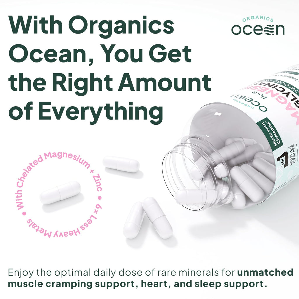Organics Ocean Pure Magnesium Glycinate with Zinc - Maximum Strength Chelated Magnesium Supplement for Women and Men