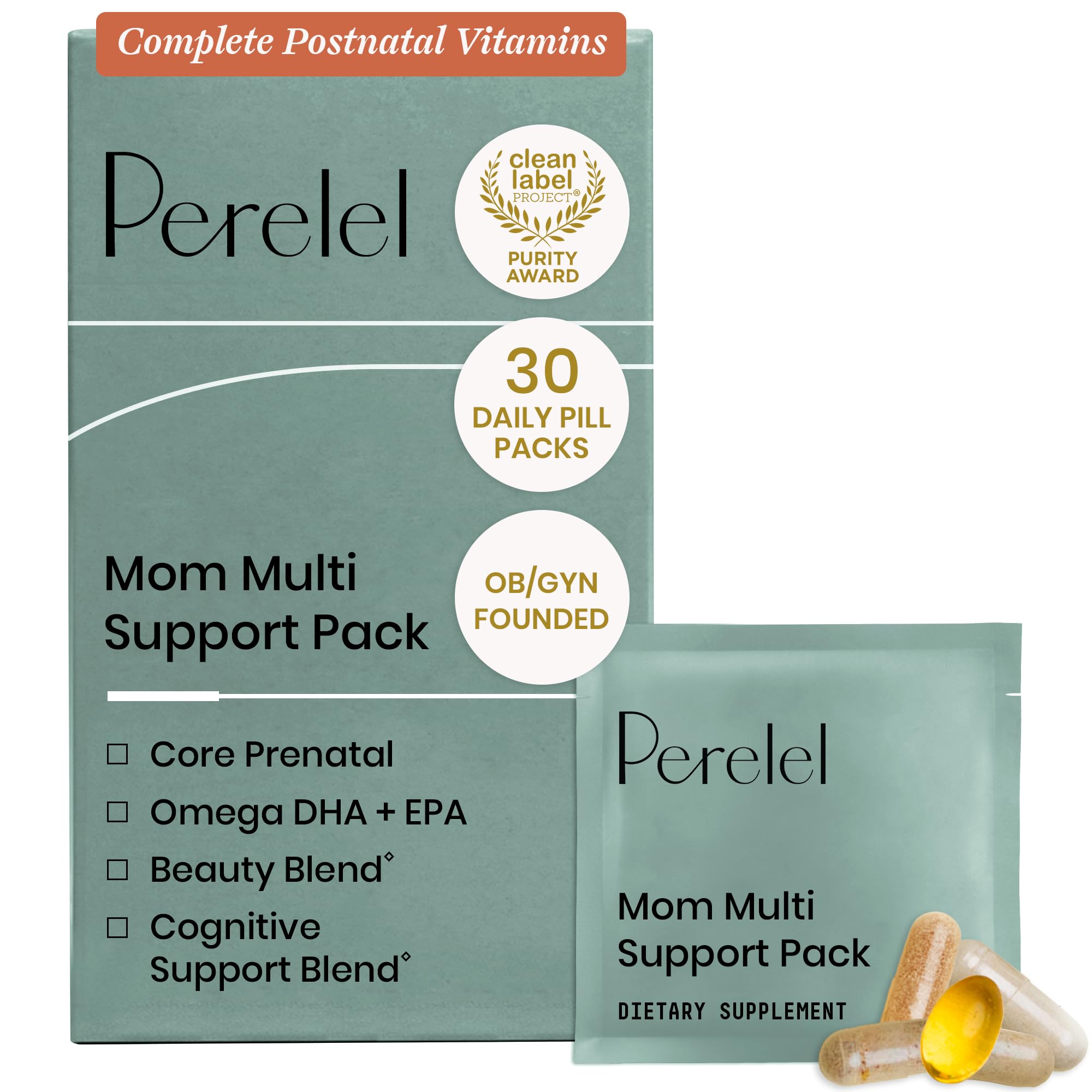 Perelel Mom Multi Support Pack, Postnatal Vitamins for Women with Omega 3 Dha, Iron, Collagen, & Vitamin B12 to Support Postpartum Health