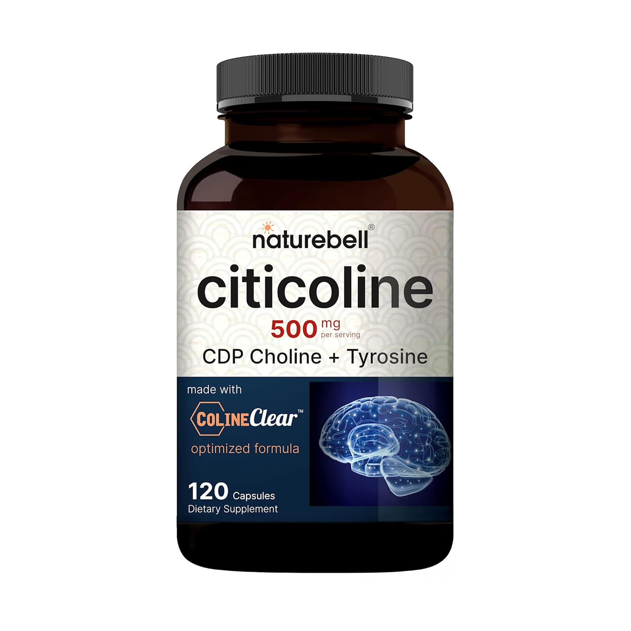 NatureBell Citicoline 500mg - 120 Capsules - Brain Function Support for Adults - Memory & Focus Aid with CDP Choline & Tyrosine - Fast-Absorbing Formula