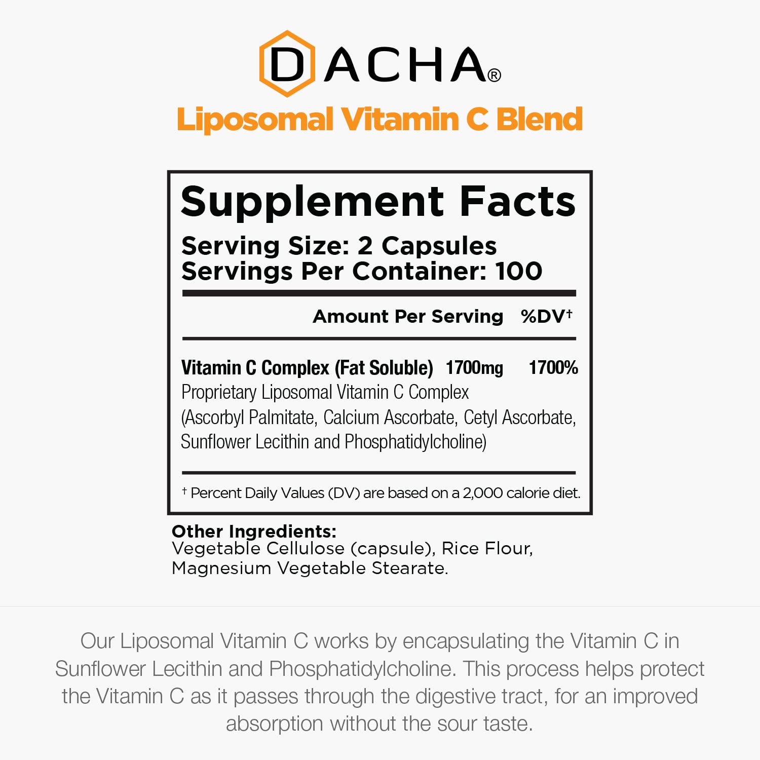 DACHA Natural Liposomal Vitamin C - 1700mg, 200 Capsules, Immune System & Collagen Booster, High Absorption Fat Soluble VIT C