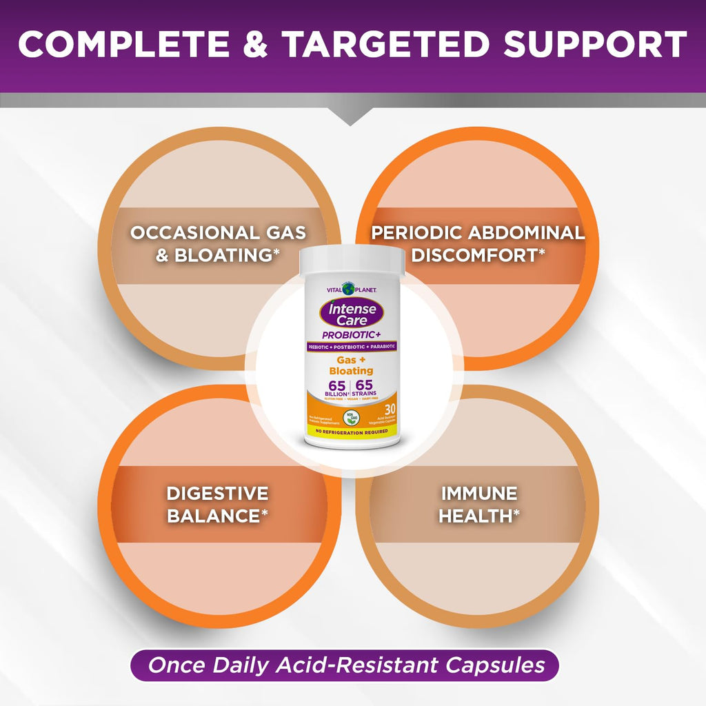 Vital Planet - Intense Care Gas & Bloating Probiotics Plus Organic Prebiotics, Postbiotics, Parabiotics, Complete 4-in-1 Supplement for Adults, 65 Billion CFU, 65 Strains, Digestive and Immune 30 ct Vital Planet Au supplements