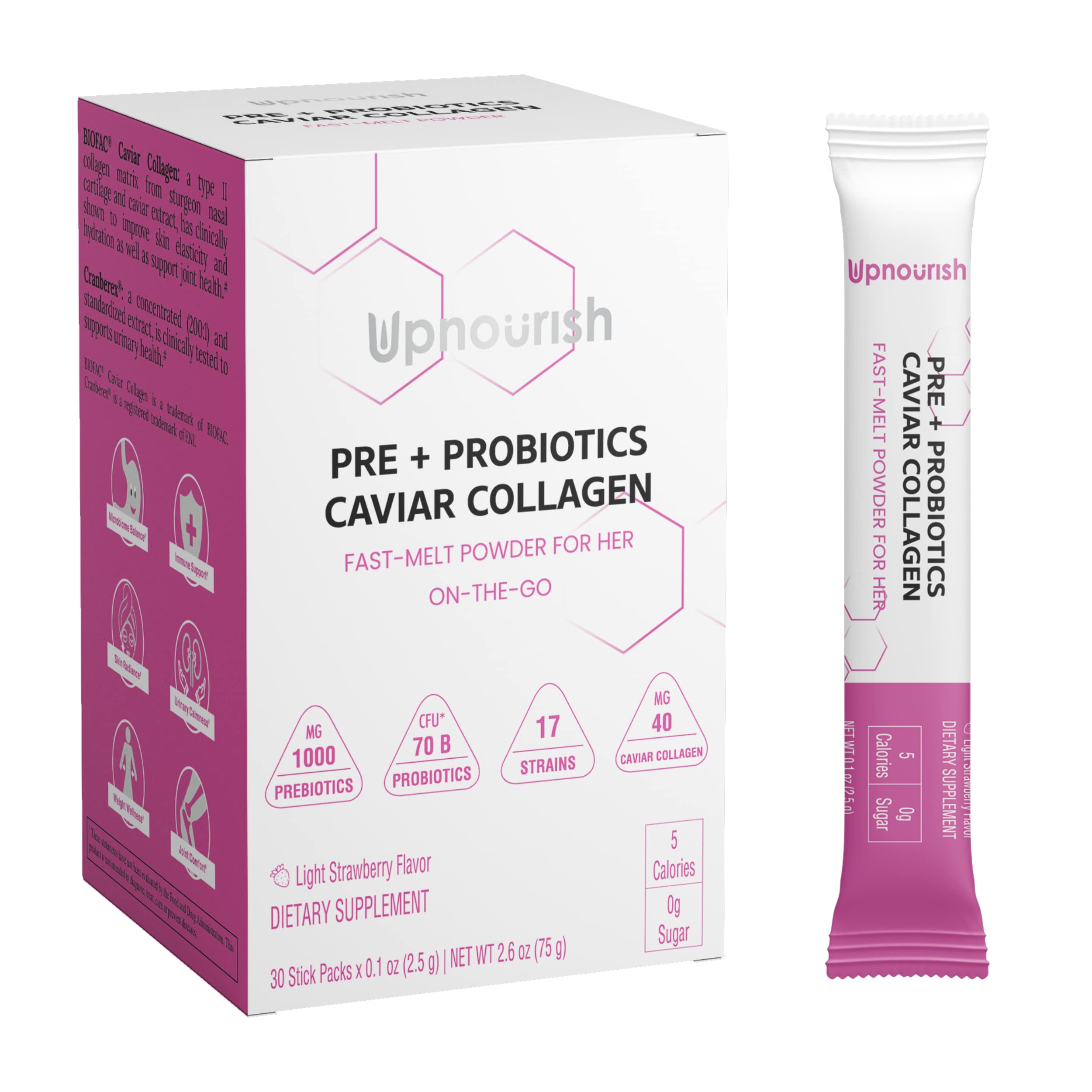 UpNourish Probiotics, Caviar Collagen with Prebiotics for Women's Digestive, Skin Radiance, and Feminine Health with Cranberry