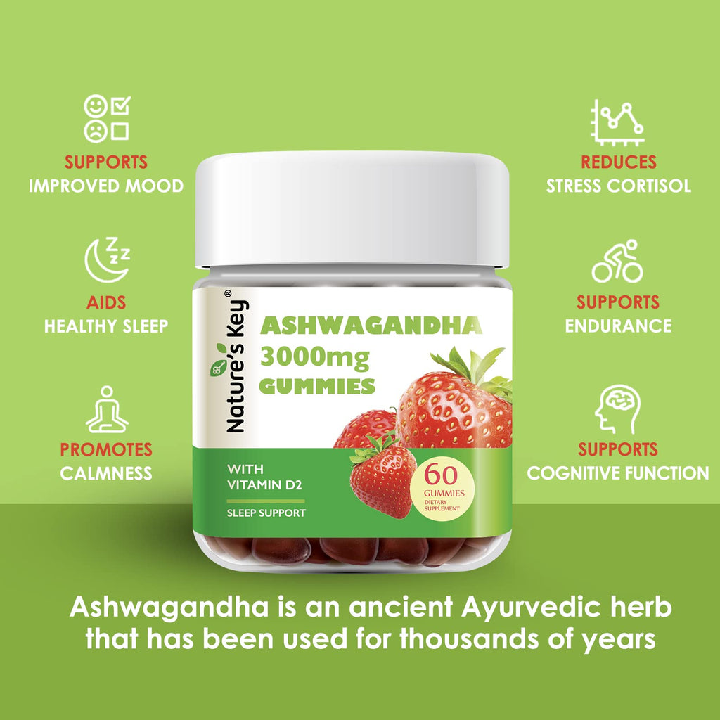 Nature's Key Ashwagandha Gummies, 3000mg High Potency Ashwagandha Root Extract with Vitamin D2, Stress, Calm Mood & Cognition, for Men & Women, Strawberry Flavor (60 Count (Pack of 1) Nature's Key Au supplements