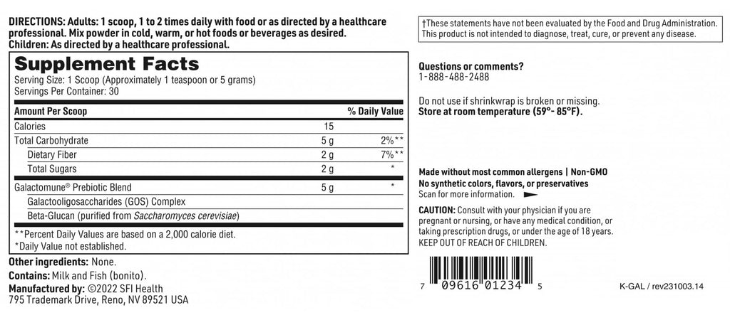 SFI Health Klaire Labs Galactomune Powder - Prebiotic Beta-Glucan & Galactooligosaccharides Immune Support (30 Servings, 150 Grams)