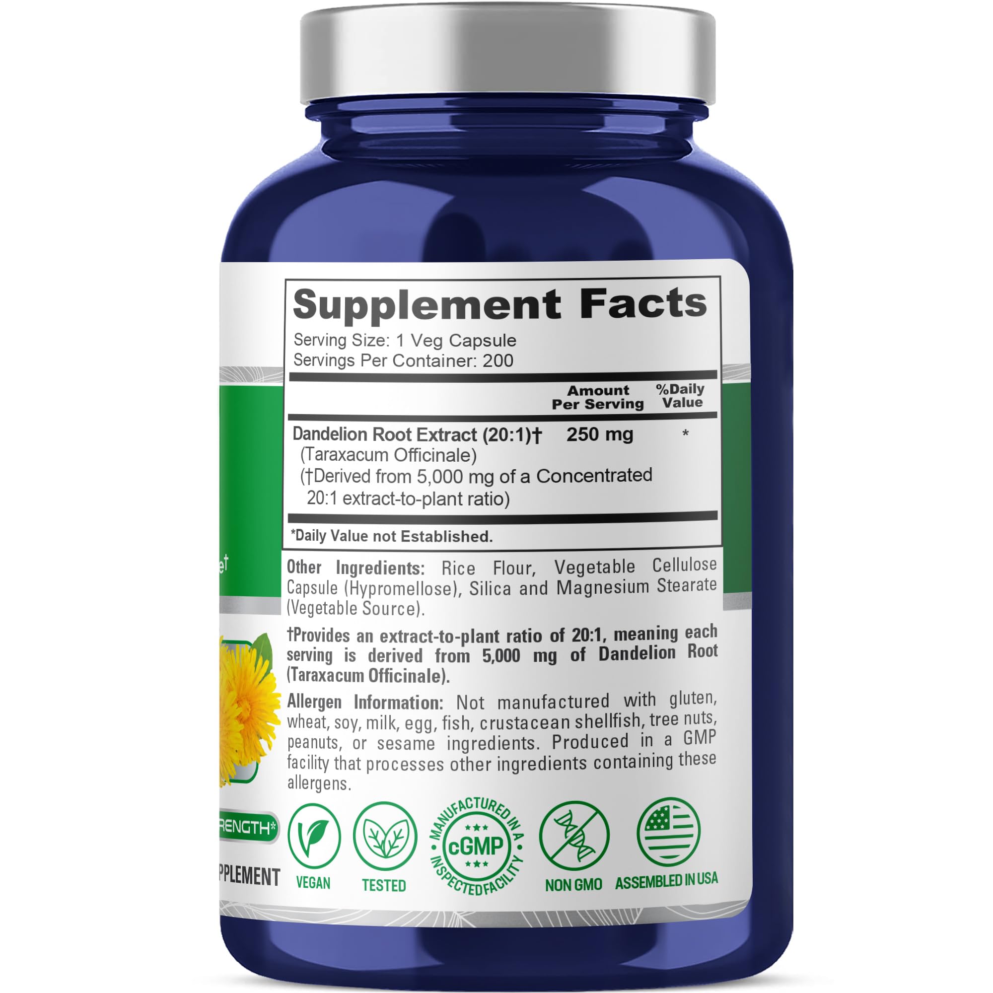 NusaPure Dandelion Root 20:1 Extract, 250 mg Equivalent to 5000mg 200 Veg Capsules (Vegan, Non-GMO) NusaPure Au supplements