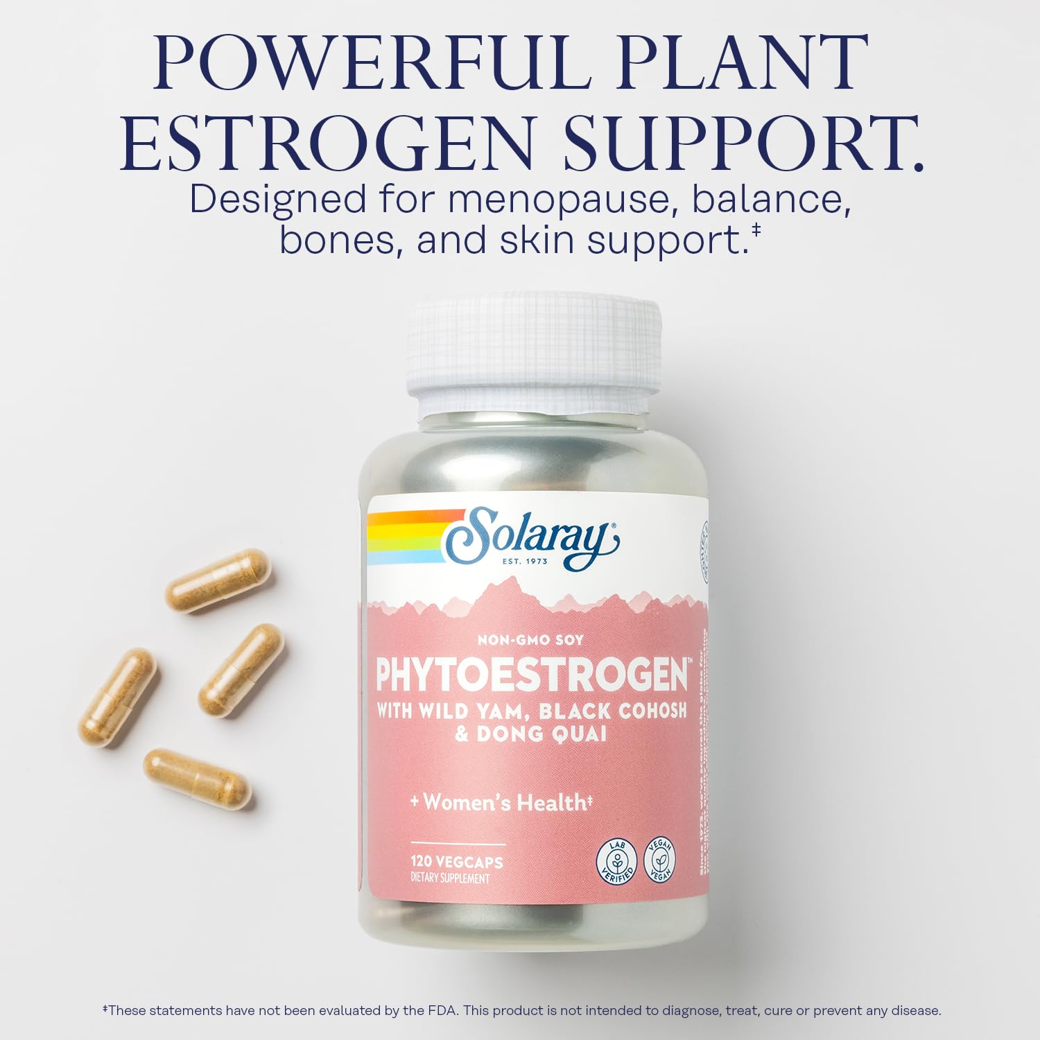 SOLARAY PhytoEstrogen Menopause Supplements - Wild Yam, Black Cohosh, and Dong Quai Estrogen Pills for Women's Health - Vegan, Lab Verified, 60-Day Guarantee (30 Servings, 120 VegCaps) SOLARAY Au supplements