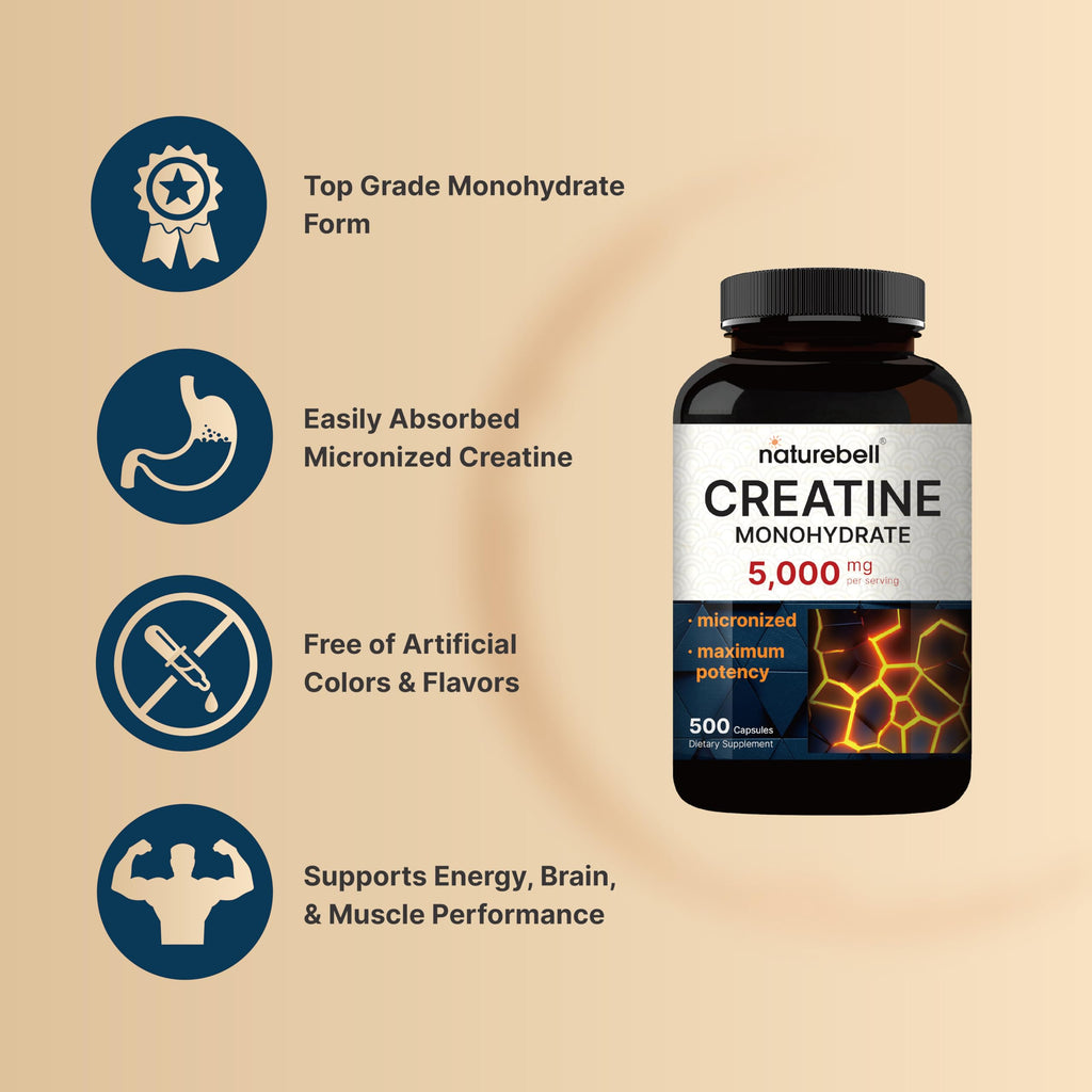 NatureBell Creatine Monohydrate Capsules 5,000mg Per Serving, 500 Count | Micronized, Unflavored Creatine Pills | Pre-Workout & Muscle Strength Support