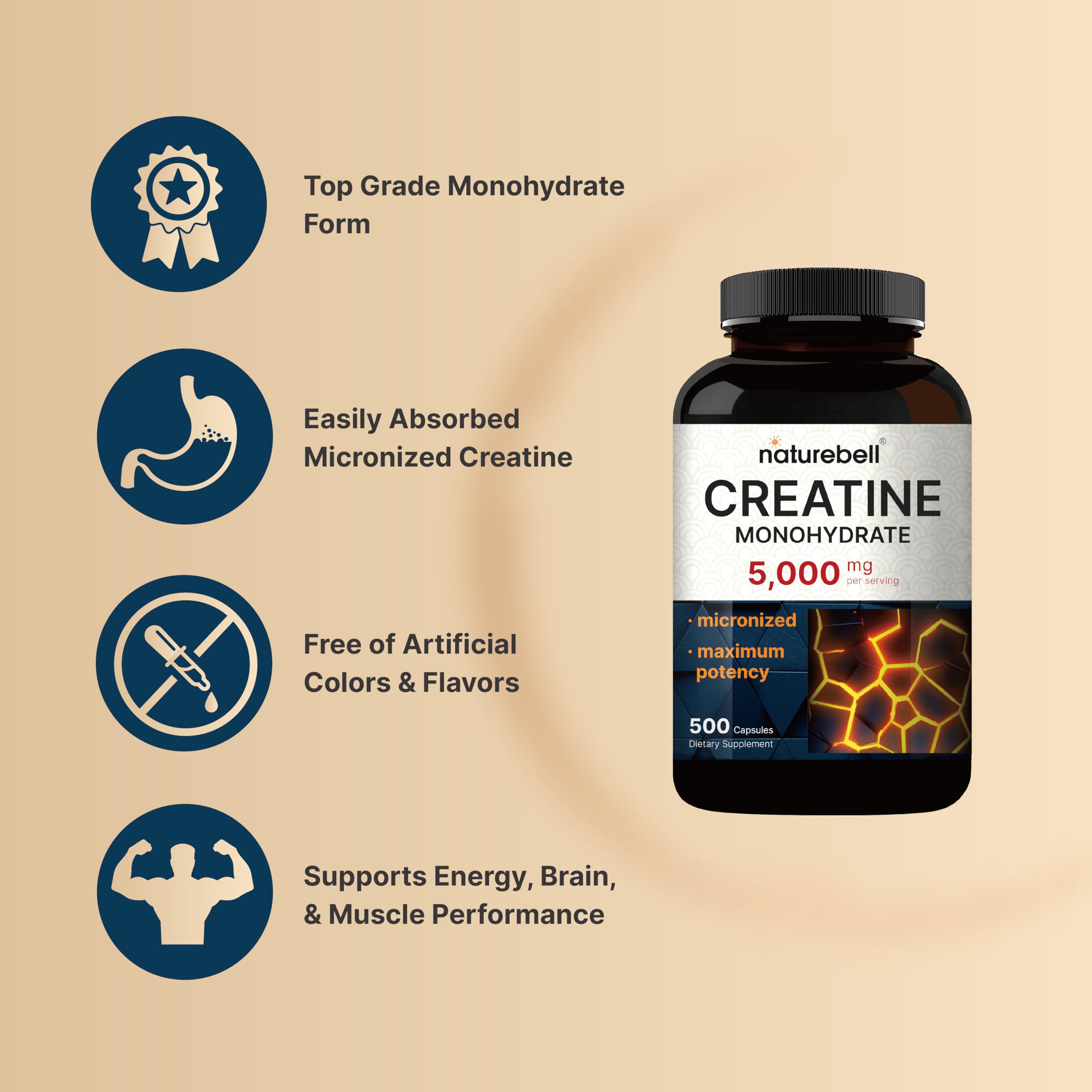 NatureBell Creatine Monohydrate Capsules 5,000mg Per Serving, 500 Count | Micronized, Unflavored Creatine Pills | Pre-Workout & Muscle Strength Support