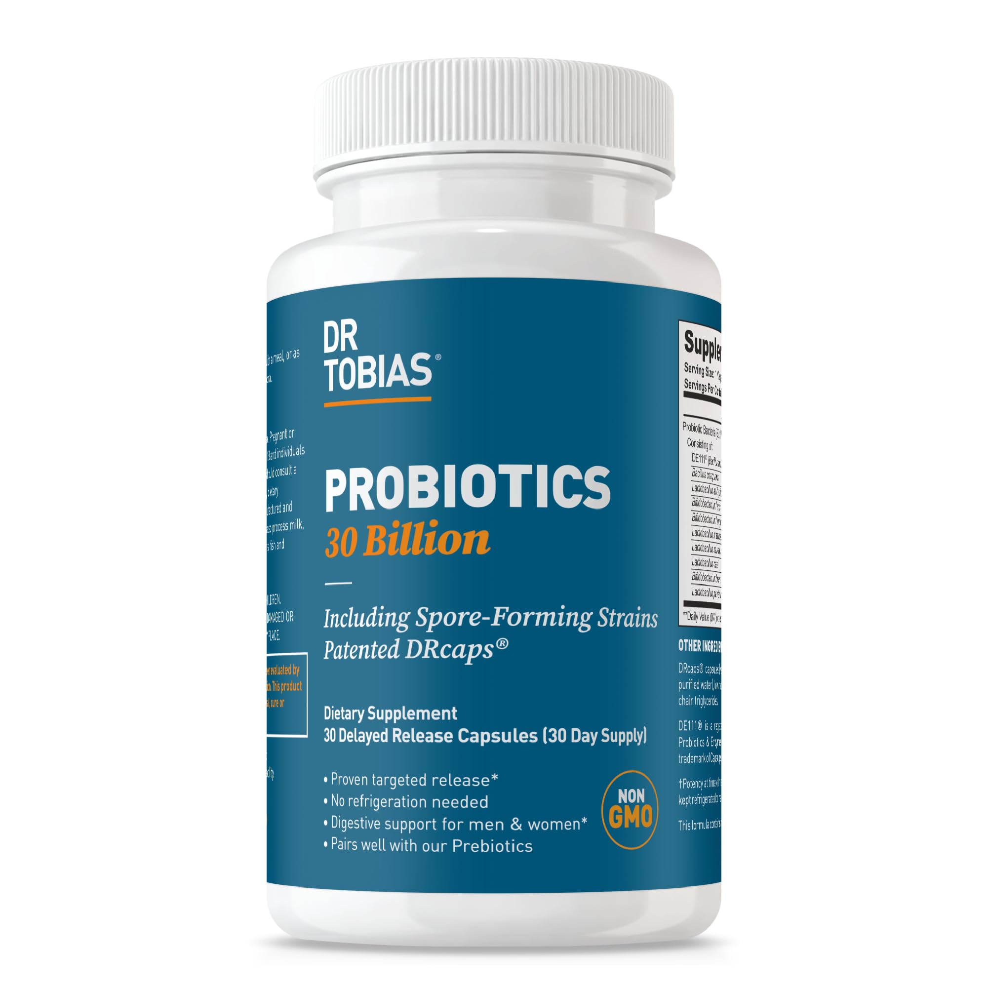 Dr. Tobias Probiotics 30 Billion, 10 Strains, 30 Billion CFU's, Targeted Release Probiotics for Women & Men, Supports Digestive Health, Shelf-Stable,