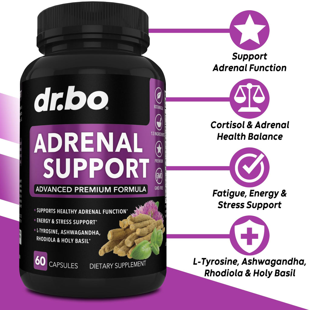 Adrenal Support Cortisol Manager Supplement - Adrenal Fatigue Supplements for Women & Men with Natural Adaptogen Ashwagandha Holy Basil Rhodiola L Tyrosine Complex Fatigue Cortisol Health - 60 Pills DR. BO Au supplements