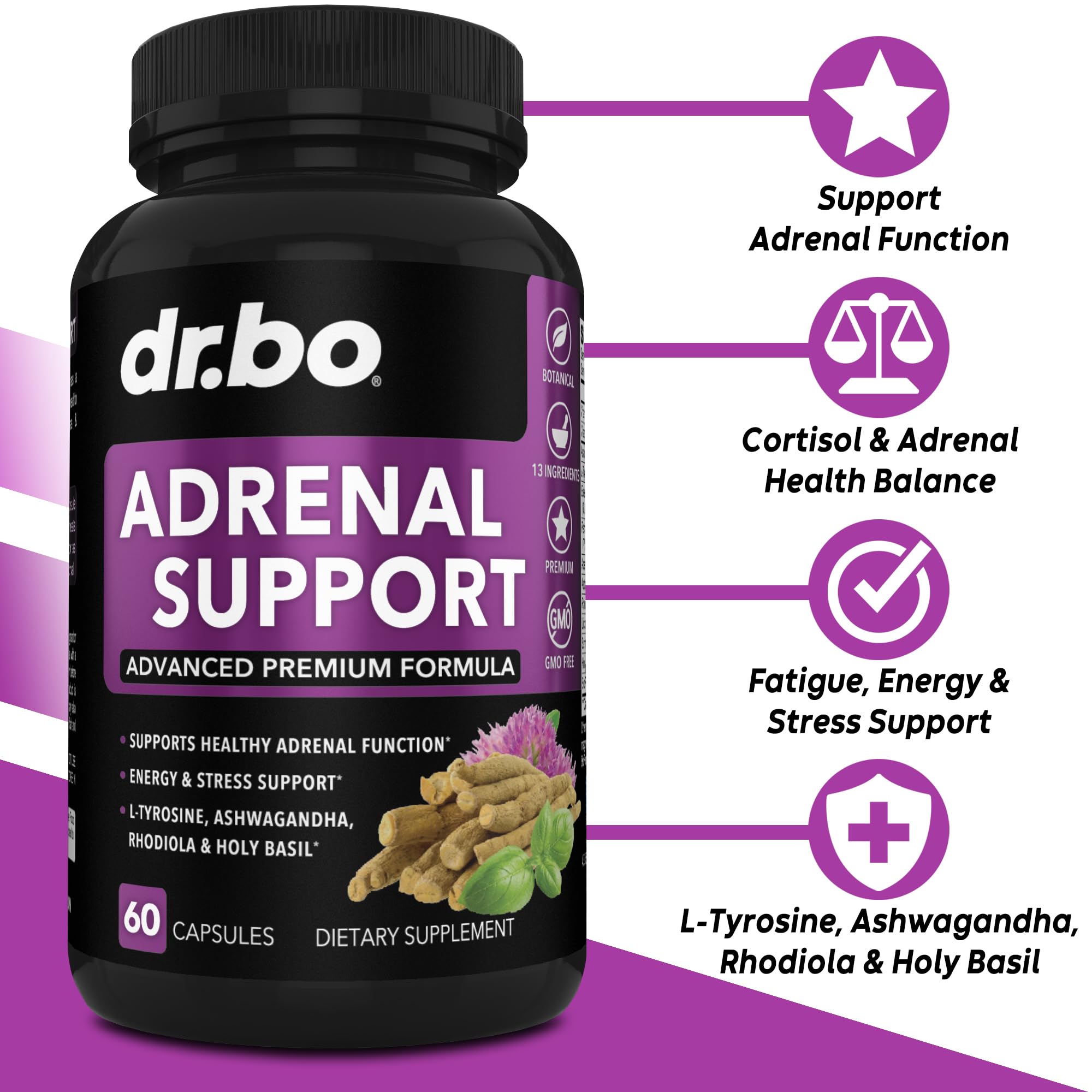 Adrenal Support Cortisol Manager Supplement - Adrenal Fatigue Supplements for Women & Men with Natural Adaptogen Ashwagandha Holy Basil Rhodiola L Tyrosine Complex Fatigue Cortisol Health - 60 Pills DR. BO Au supplements