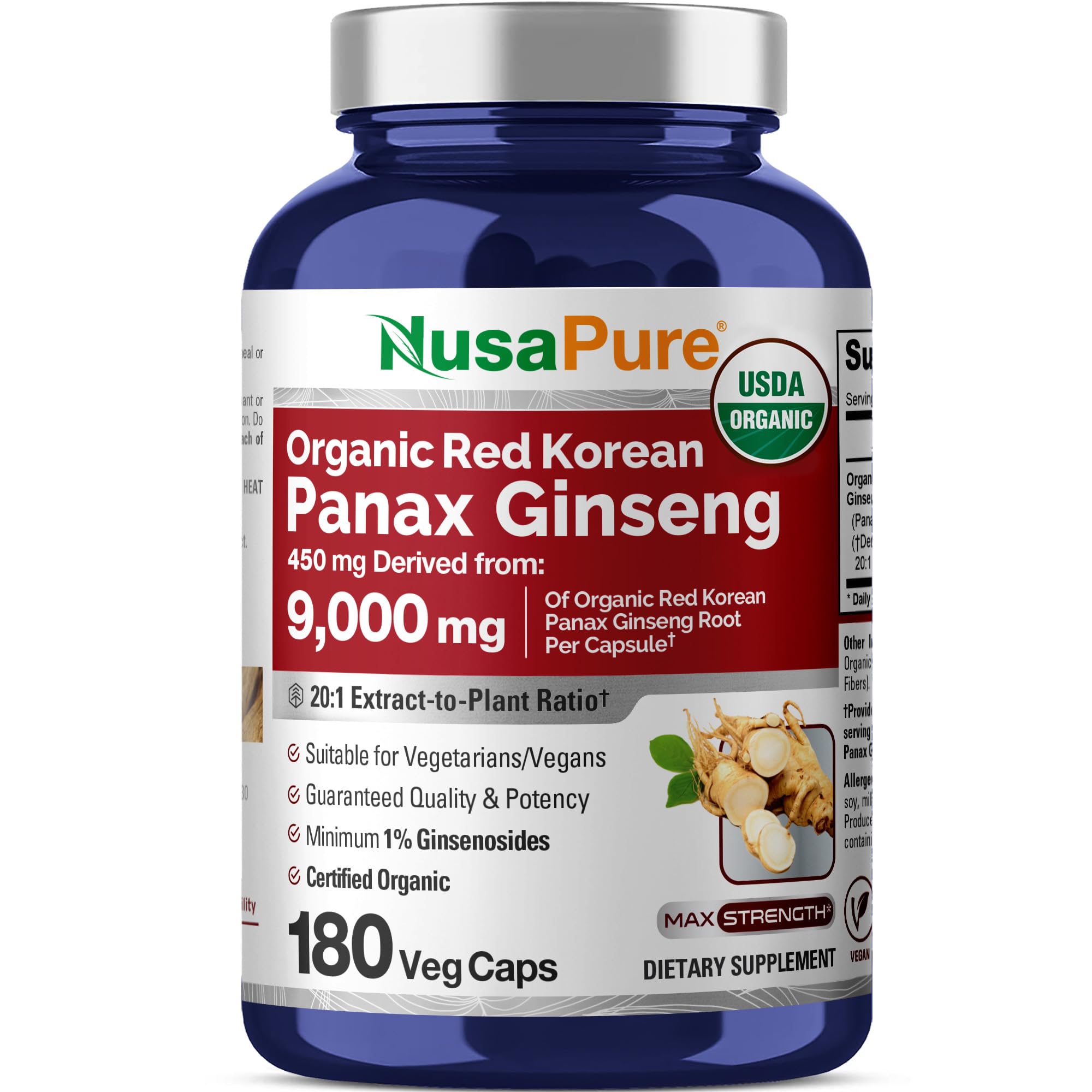 NusaPure Red Korean Panax Ginseng 20:1 Extract, 450 mg Equivalent to 9,000 mg 180 Veggie Caps (USDA Organic, Non-GMO, Vegan, Vegetarian, Bioperine) NusaPure Au supplements