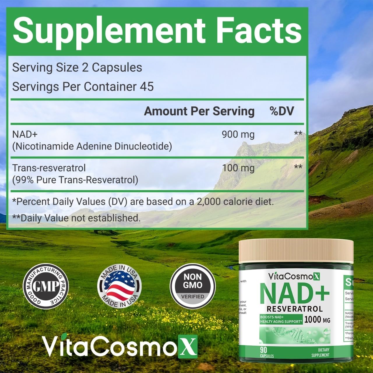 VitaCosmoX NAD+ with Resveratrol Similar to Nicotinamide Riboside Supplement, 1000 mg, 90 Capsules Vegan Non-GMO VitaCosmoX Au supplements