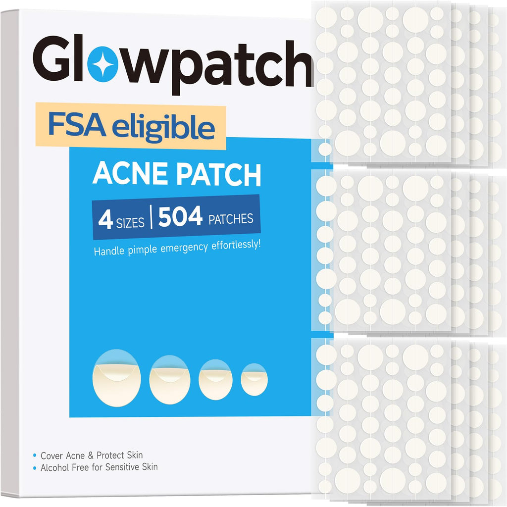 Glowpatch Pimple Patches for Face (504 Count), FSA Eligible Acne Patch Bulk, Zit Stickers 4 Sizes, Hydrocolloid Spot Stickers