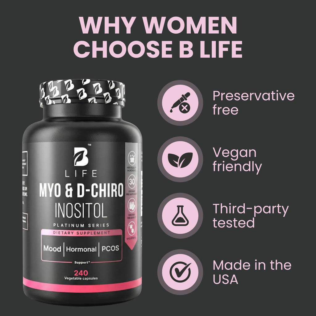 B Life Company Myo-Inositol & D-Chiro Inositol 40:1 for Women | I Inositol Supplement for Women | Hormone Balance, Fertility & Cycle | Vitamin B8, Insulin & Flo Ovarian Support | 240 Caps B Life Company Au supplements