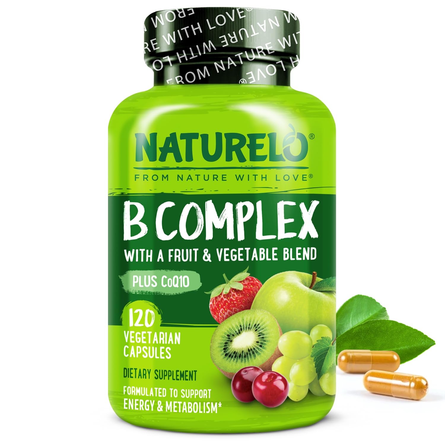 NATURELO Vitamin B Complex,120 Capsules, Vegan, CoQ10, Methyl Folate, Biotin, Fruit & Veg Blend, Supports Energy and Healthy Stress Response