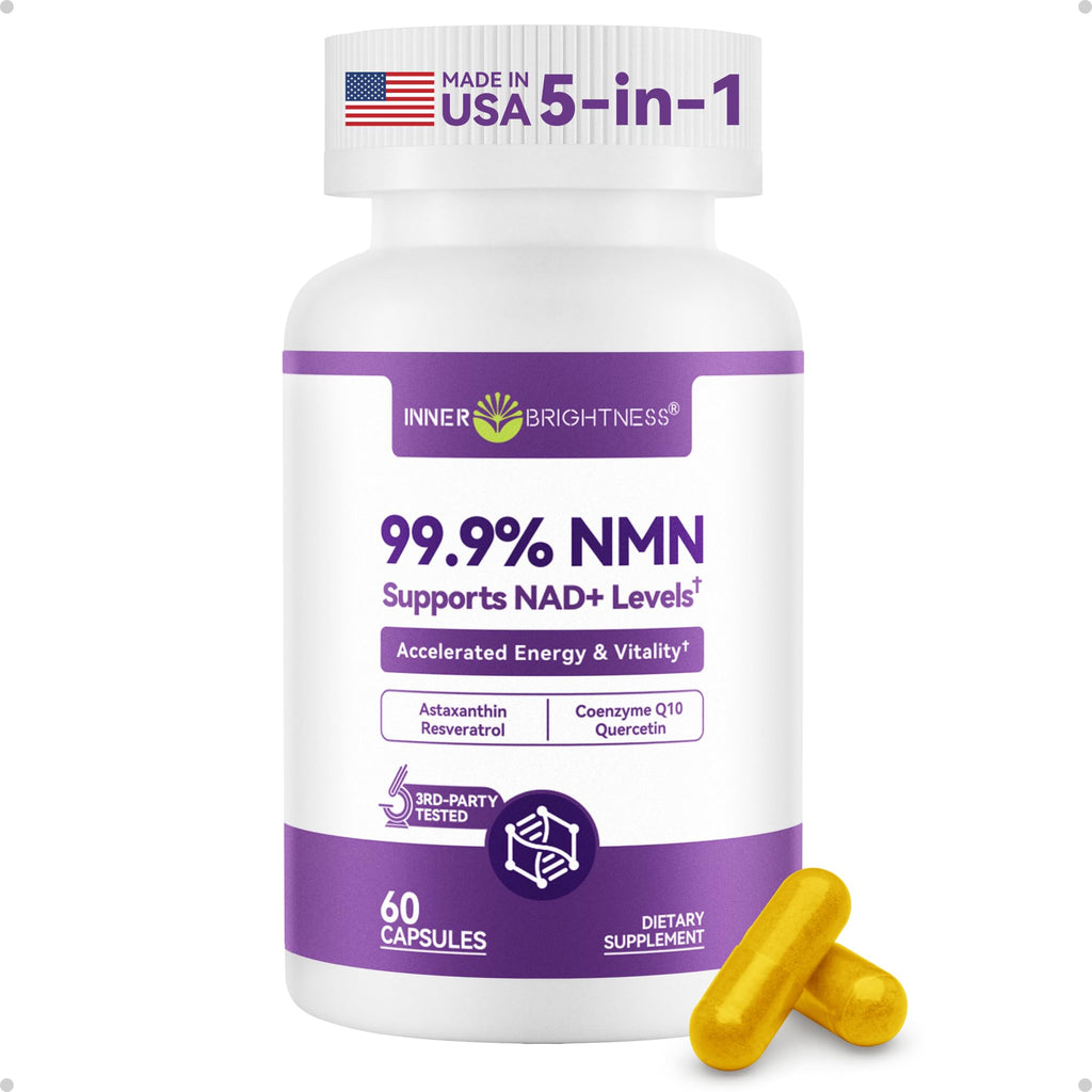 Inner Brightness NMN Supplement 500mg, 99.9% High Purity, Supports NAD+ Levels & Cellular Energy, 5-in-1 Formula with Resveratrol & Astaxanthin, Non-GMO, Gluten-Free, 60 Capsules Inner Brightness Au supplements