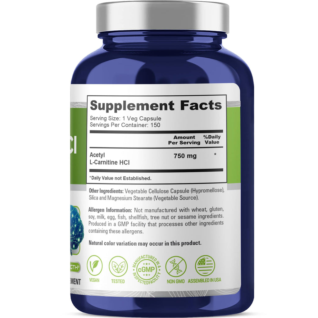NusaPure Acetyl L-Carnitine 750mg per Caps 150 Veggie Capsules (Non-GMO, Vegan) High Potency Acetyl L Carnitine HCL (ALCAR) NusaPure Au supplements