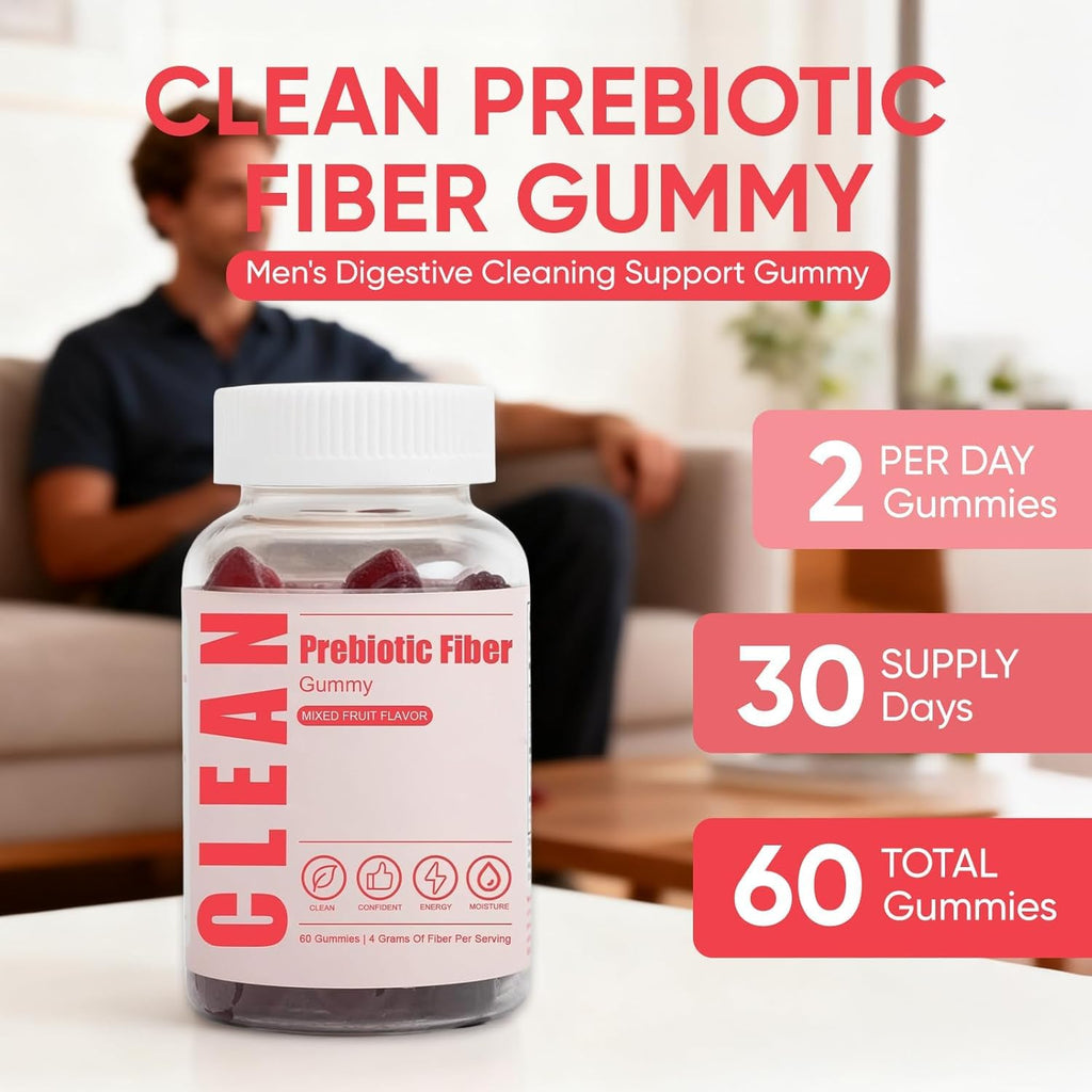 6525080 Clean Prebiotic Fiber Gummy, Clean Fiber Gummies for Men, Men Prebiotic Supplement for Digestive Gut Health, Non-GMO, 60 Gummies