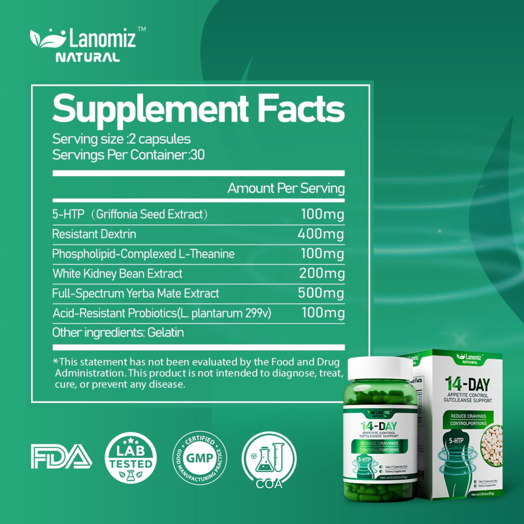 Lanomiz 14DAY Appetite & Craving Control Gut Health Complex Featuring Delayed-Release Probiotics & White Kidney Bean Extract 5-HTP