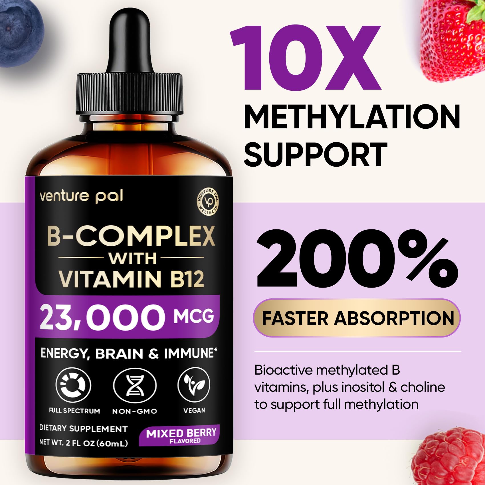 Venture Pal Vitamin B Complex Liquid Drops, B12 Methylcobalamin | B9 Folic | B1,B2,B3,B5,B6,B16 - Vitamin C, Choline, Inositol
