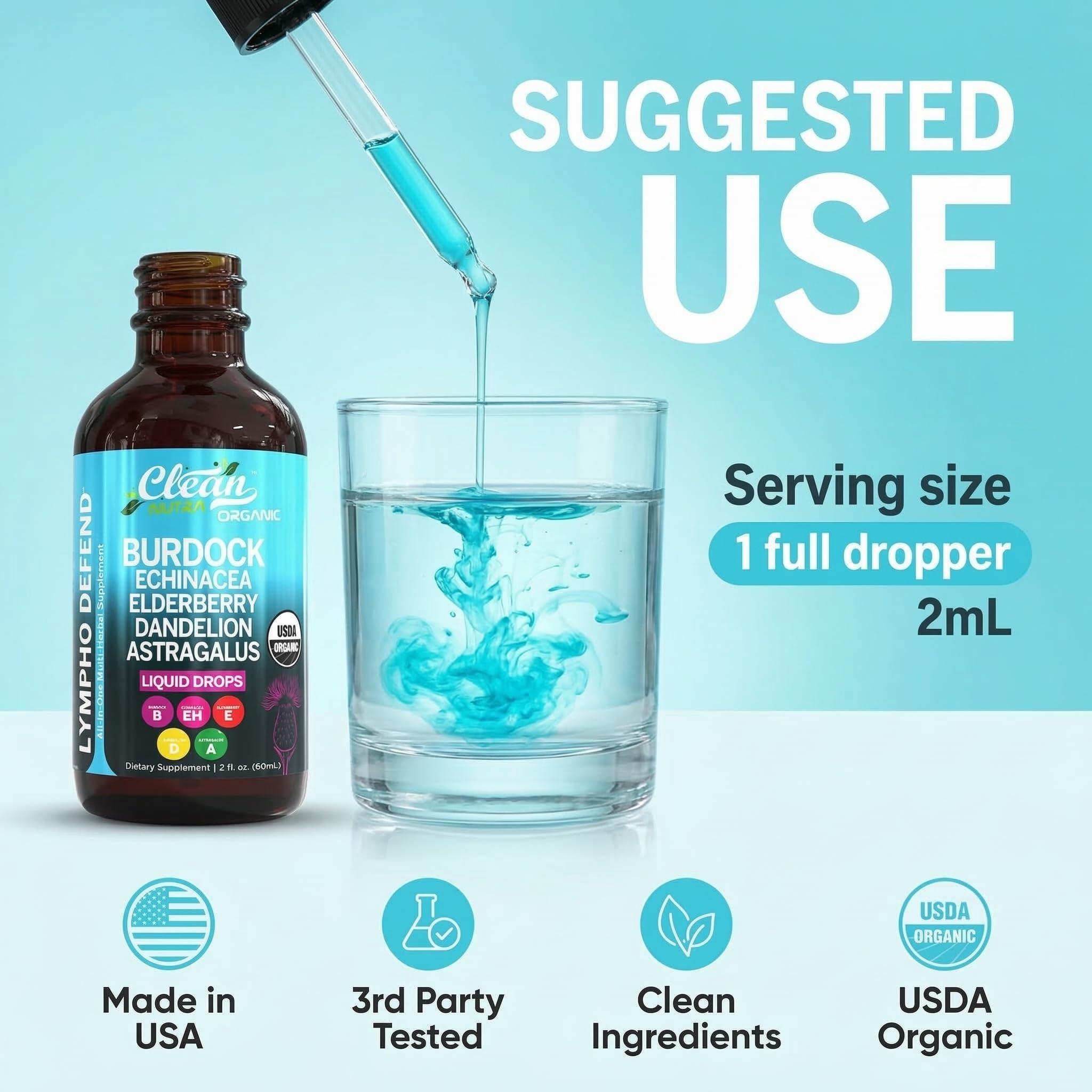 Organic Lymphatic Drainage Supplement | Lymphatic Support Drops | Burdock Root Echinacea Elderberry Dandelion Astragalus Milk Thistle Sea Moss Red Clover