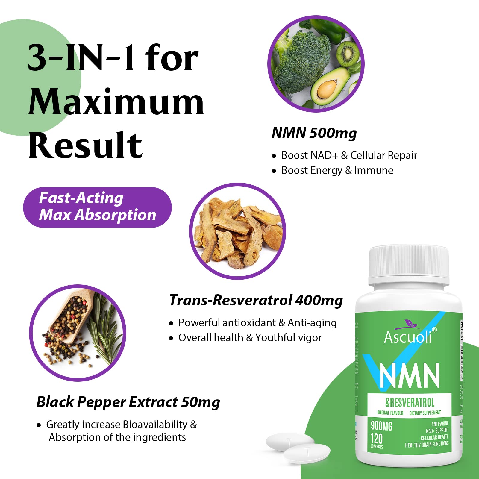 Sublingual NMN 500mg + Trans-Resveratrol 400mg, 3-in-1 Advanced Formula 99% Pure NMN Resveratrol Supplement for Boost* NAD, Cell, Immune, Energy & Muscle, Anti-Aging, 120 Lozenges (120-Day Supply) Ascuoli Au supplements