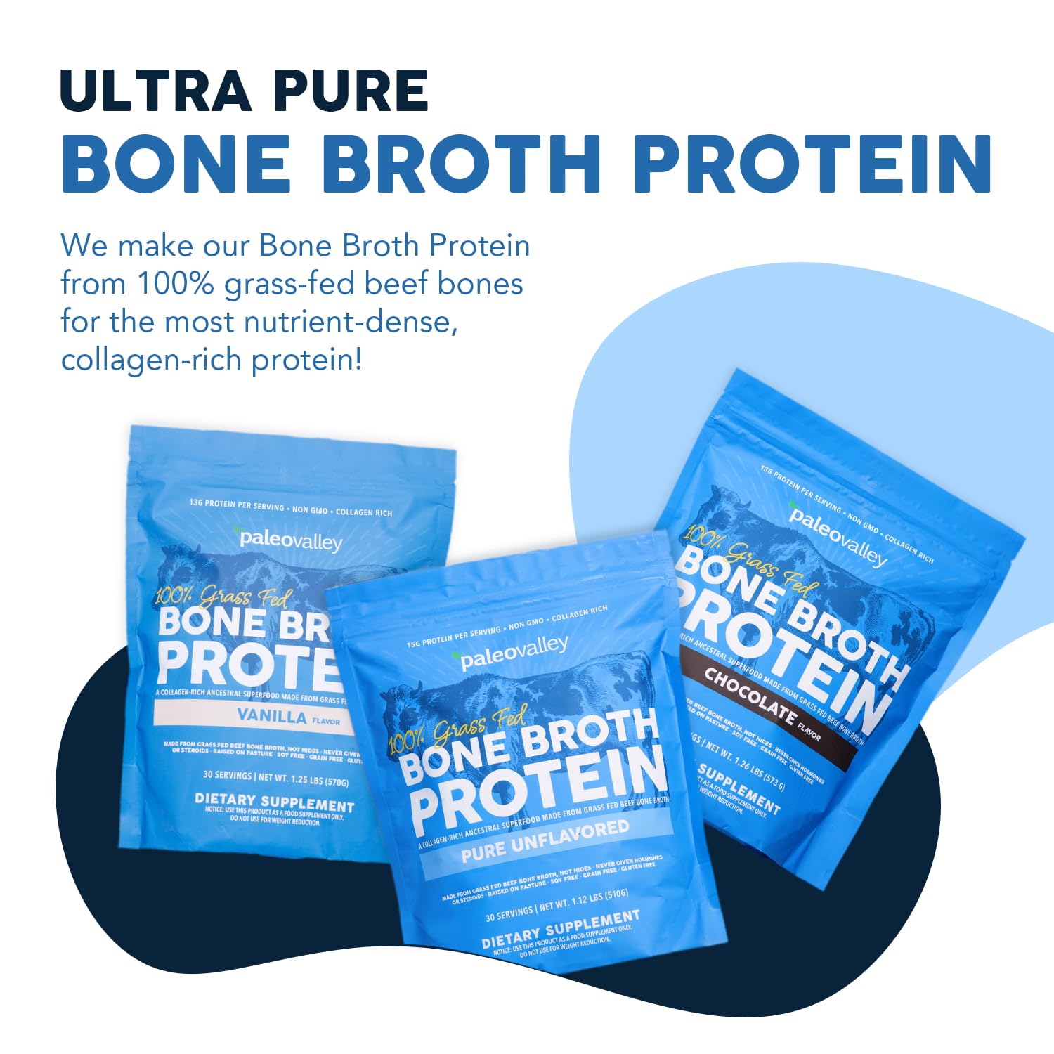 Paleovalley 100% Grass Fed Beef Bone Broth Protein Powder - Rich in Collagen Peptides for Hair, Skin, Gut Health, Bone and Joint Support