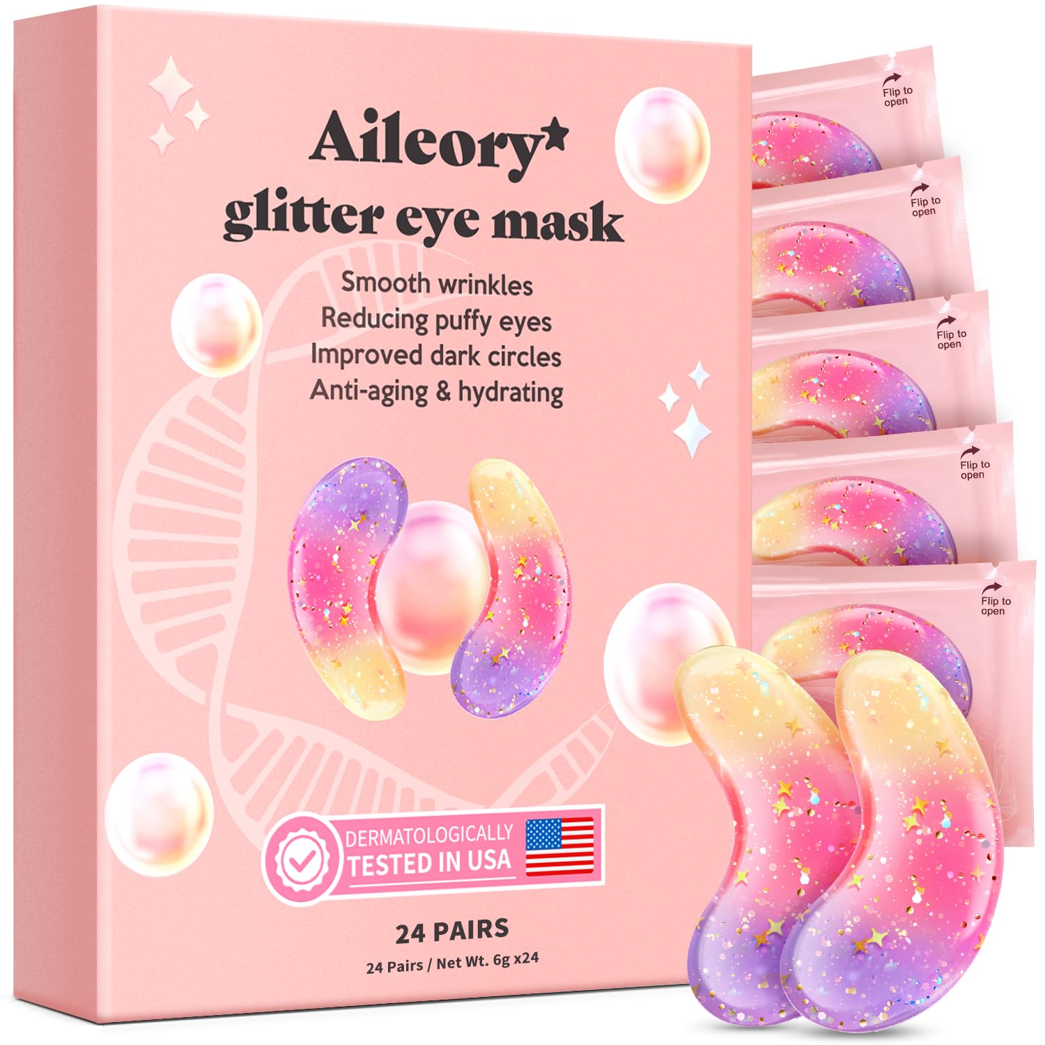 AILEORY Under Eye Patches (24 Pairs) - Tri-color Glitter Eye Gel Pads for Dark Circles, Puffy Eyes, Under eye Bags, Wrinkles