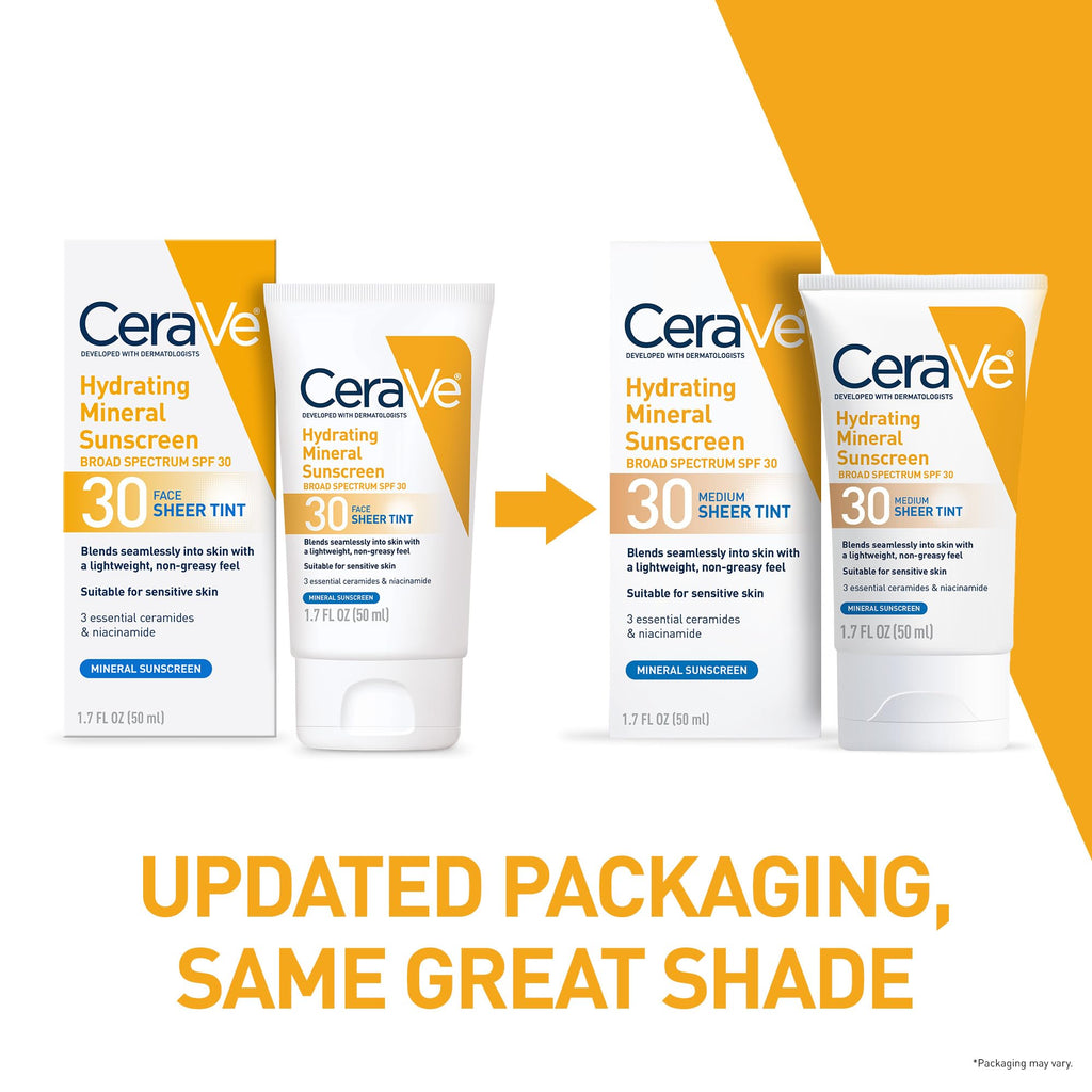 CeraVe Hydrating Mineral Sunscreen SPF 30 with Sheer Tint, Tinted Mineral Sunscreen with Zinc Oxide & Titanium Dioxide