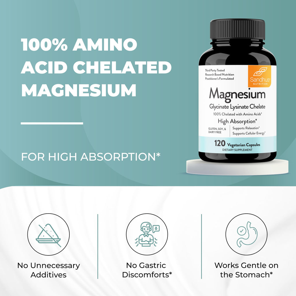 Sandhu's Magnesium Glycinate Lysinate | 120 Easy to Swallow Chelated Vegan Capsules | Magnesium Lysine Chelate Supplement for High Absorption | for Best Sleep, Leg Cramps, Relaxation Sandhu's Au supplements