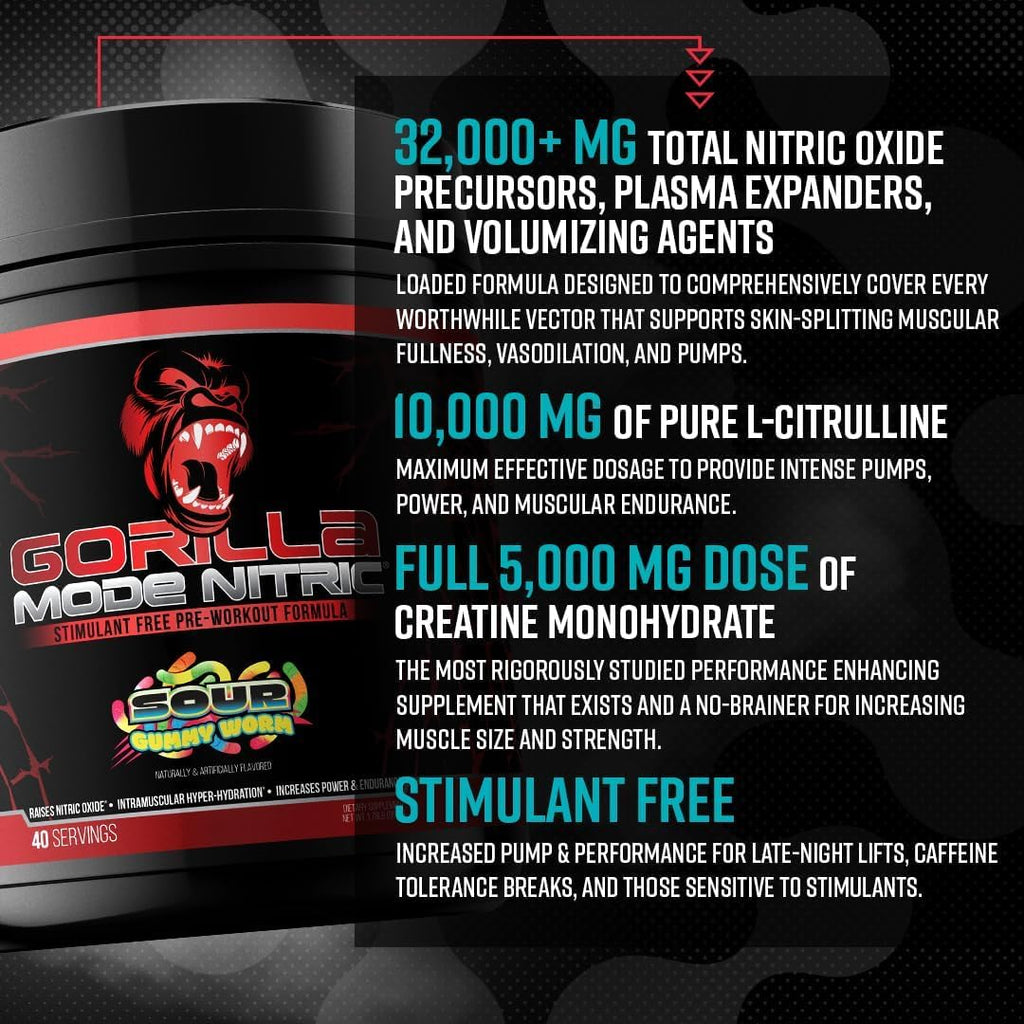 Gorilla Mode Nitric Upgraded Stimulant Free Pre-Workout – Best Tasting and Most Effective Stimulant Free Pre-Workout/Massive Pumps · Vasodilation · Power / 768 Grams (Rocket Frost)