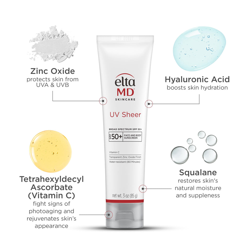 EltaMD UV Sheer Face and Body Sunscreen SPF 50+, Oil Free, No White Cast Sunscreen for Face and Body, Zinc Oxide Formula, 3.0 oz Tube