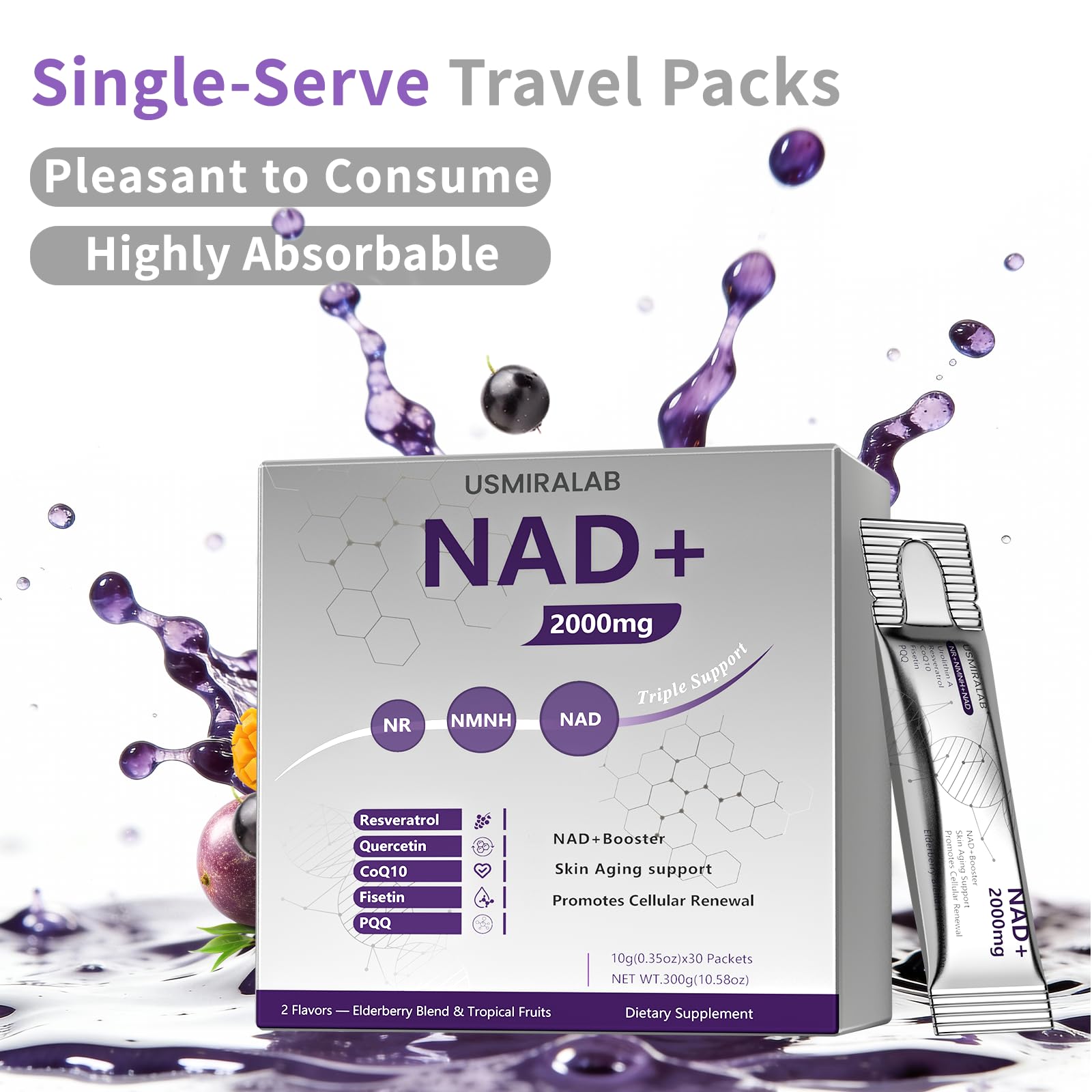 NAD+ Supplement Packets | 1000mg Liquid | Advanced Nicotinamide Riboside, Trans-Resveratrol, PQQ & Quercetin Complex for Cellular Energy & Healthy Aging Support - 2 Flavors (30 Count) USMIRALAB Au supplements