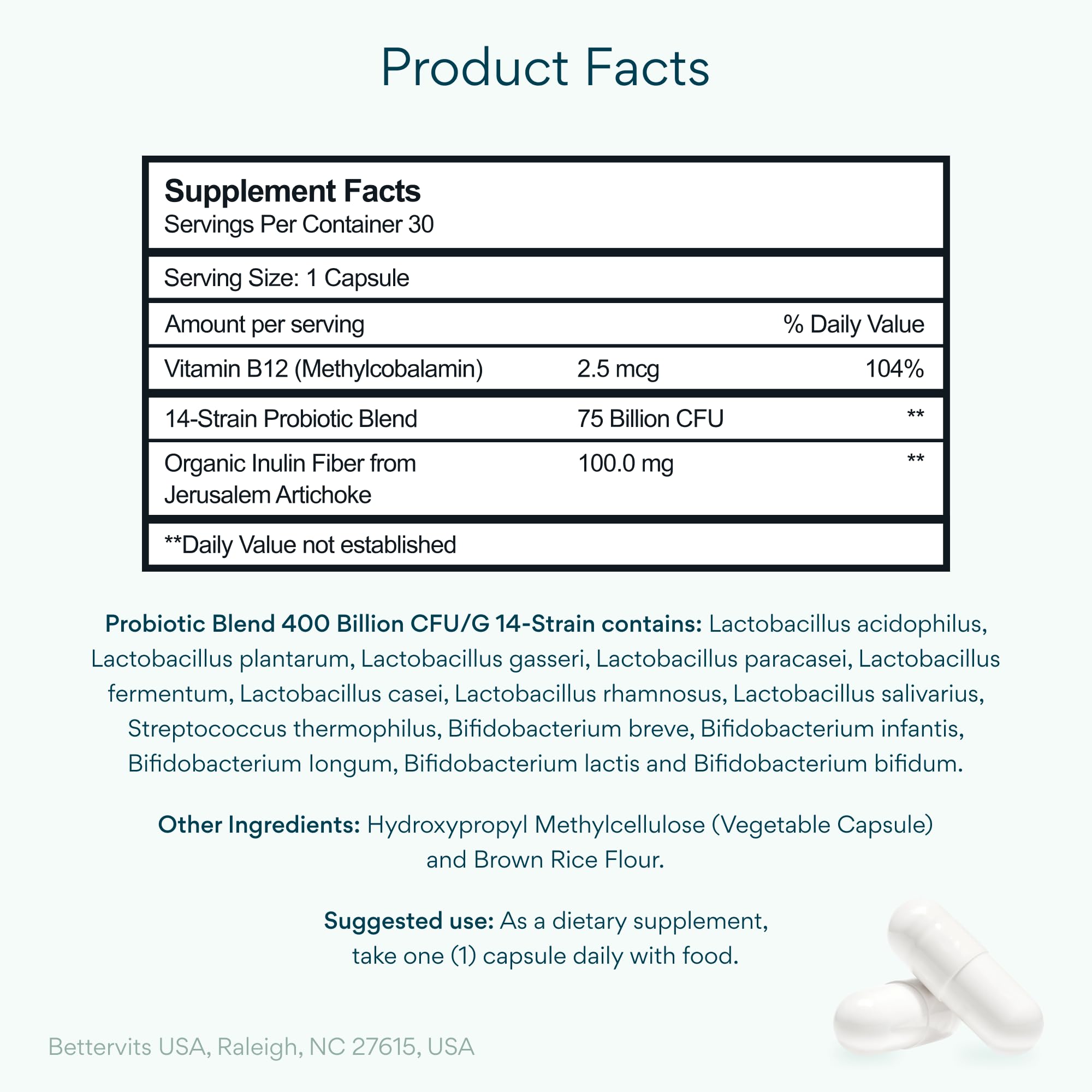 Bettervits Probiotics for Women & Men – 75 Billion CFU | Digestive Health and Gut Support Prebiotic | 14 Clinically Studied Strains with Vitamin B12,